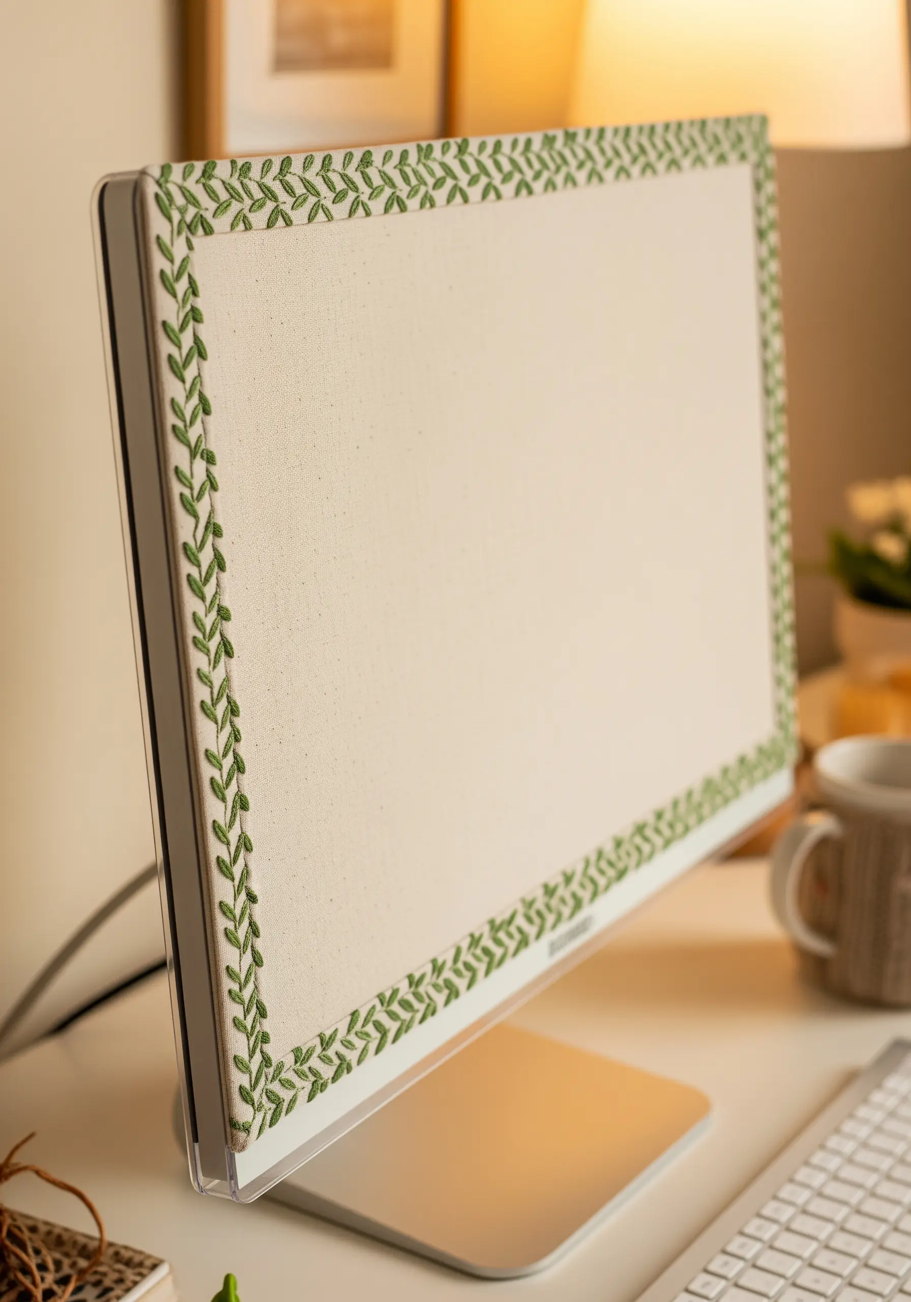 A vine pattern embroidered around the bezel of a computer monitor.