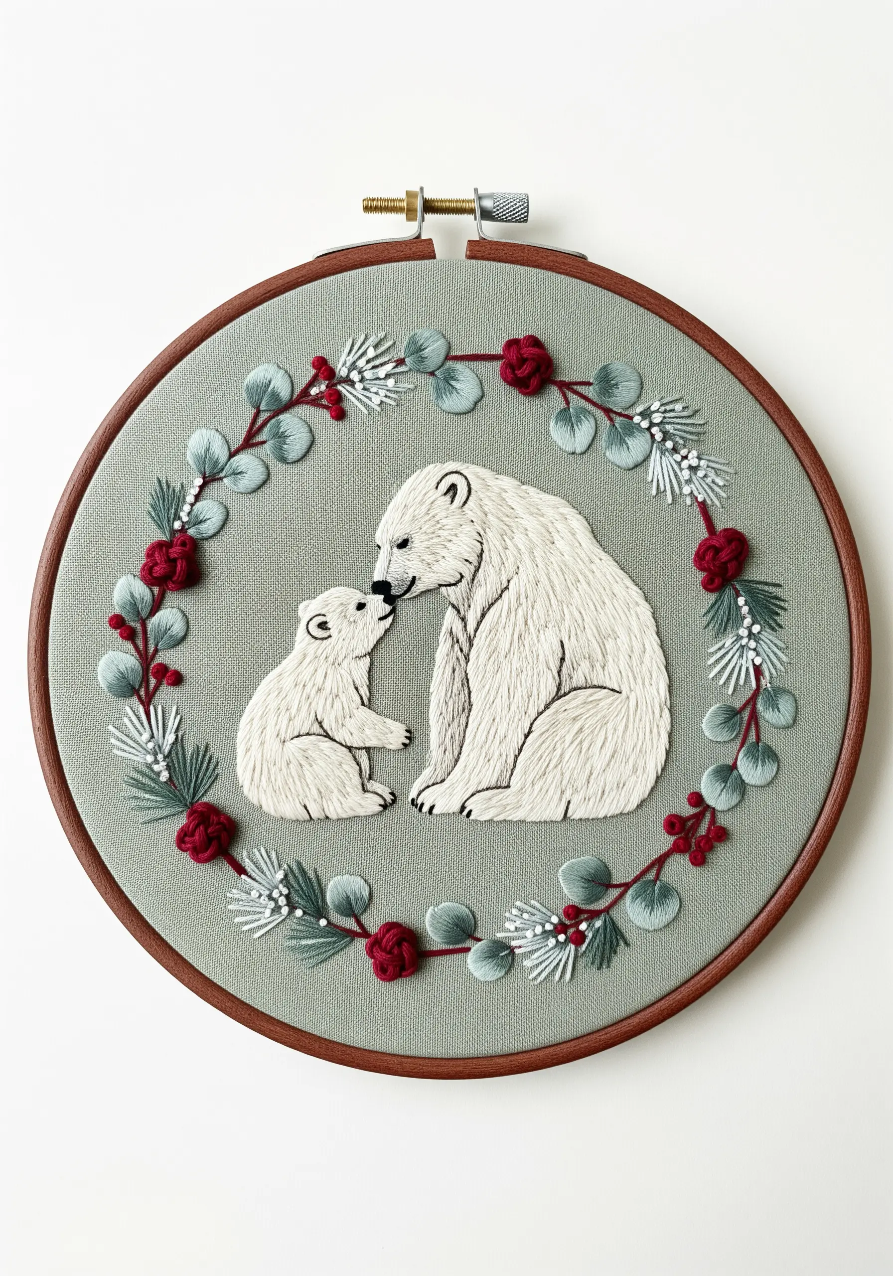 Two polar bears in a tender pose, framed by an embroidered wreath of winter botanicals.