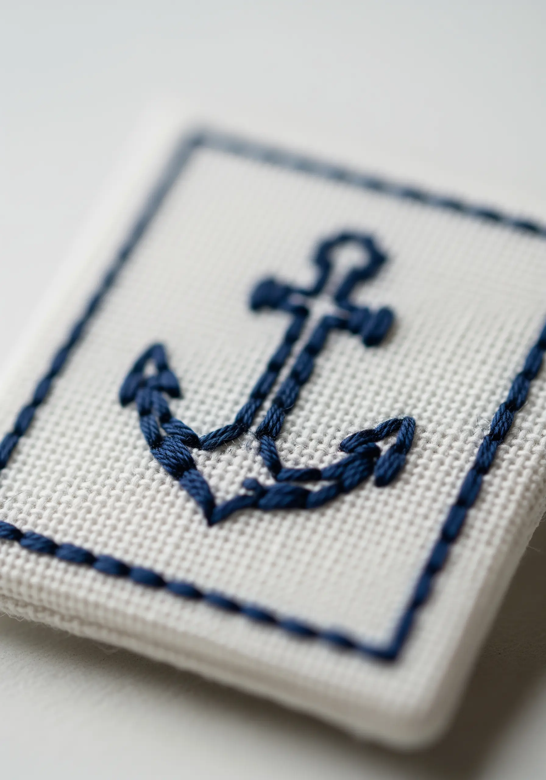 A navy blue embroidered anchor, stitched with chain stitch and framed with a backstitch border.