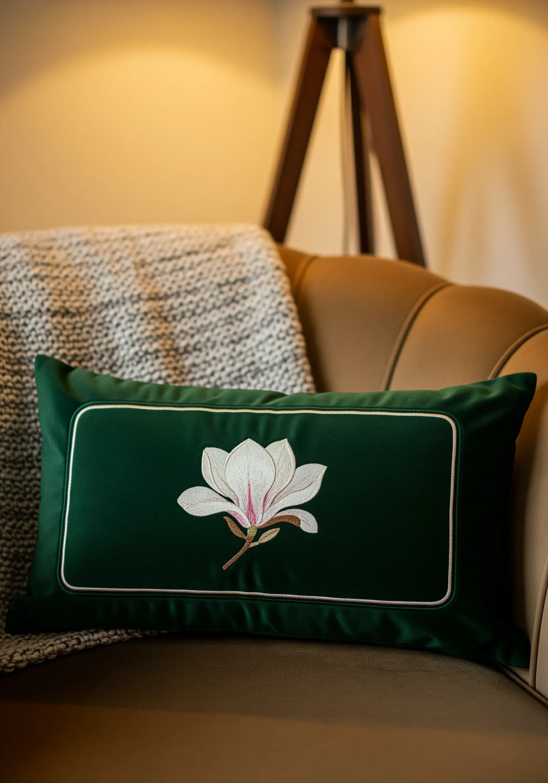 An embroidered white magnolia on a dark green satin lumbar pillow with white piping.