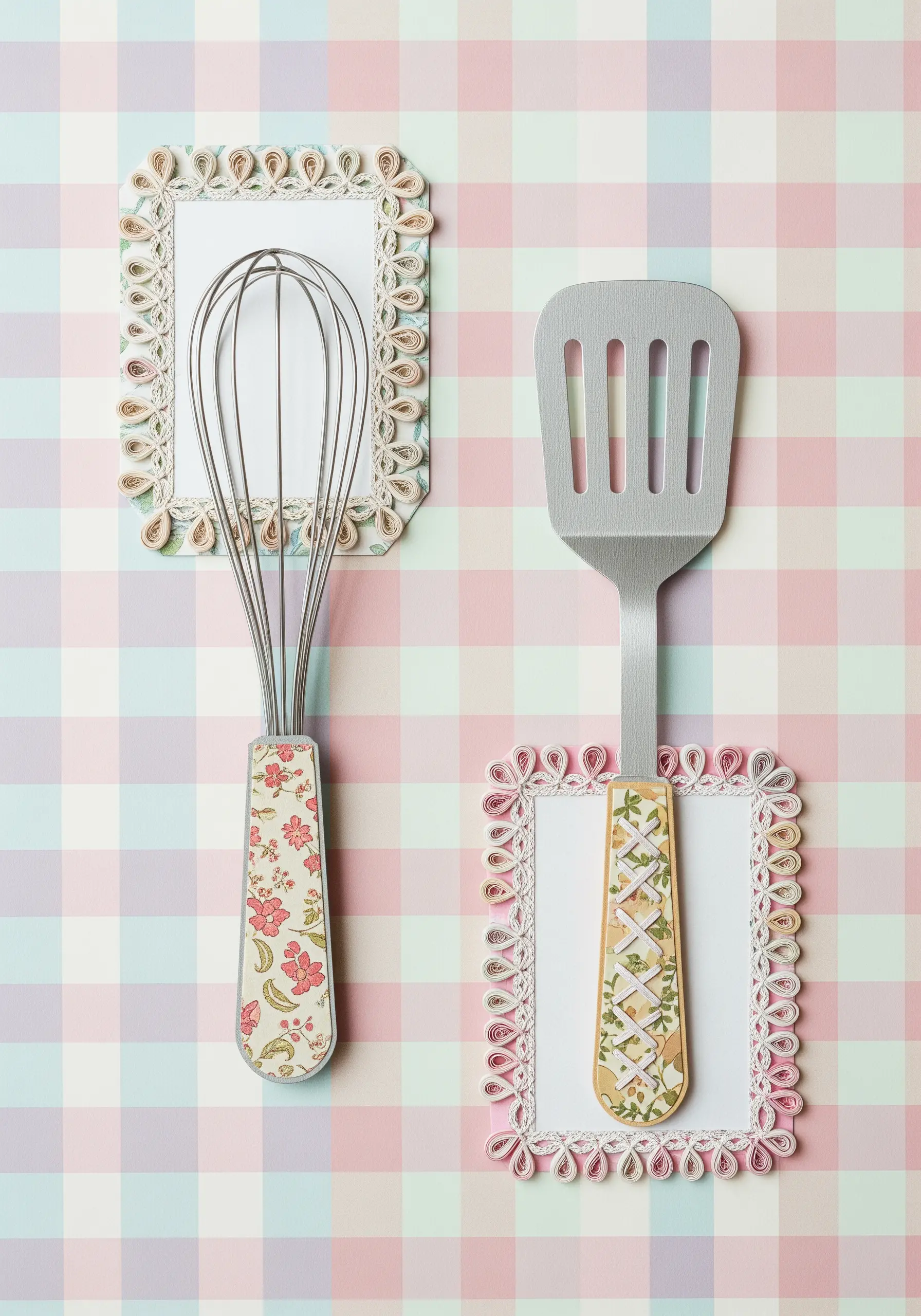 A paper collage of a whisk and spatula, each mounted on an ornate quilled frame.