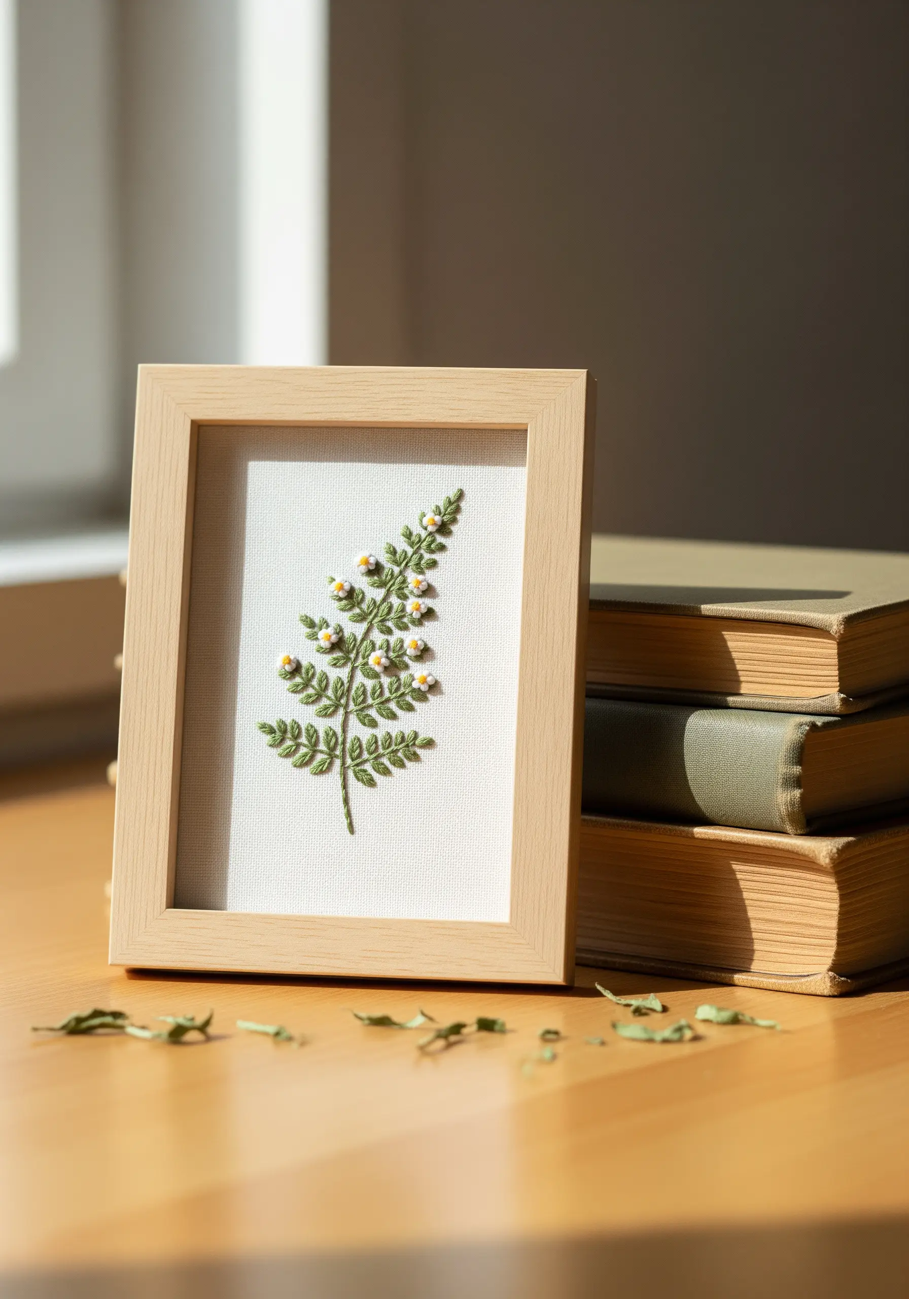 A delicate fern with tiny flowers embroidered and placed in a light wood picture frame.