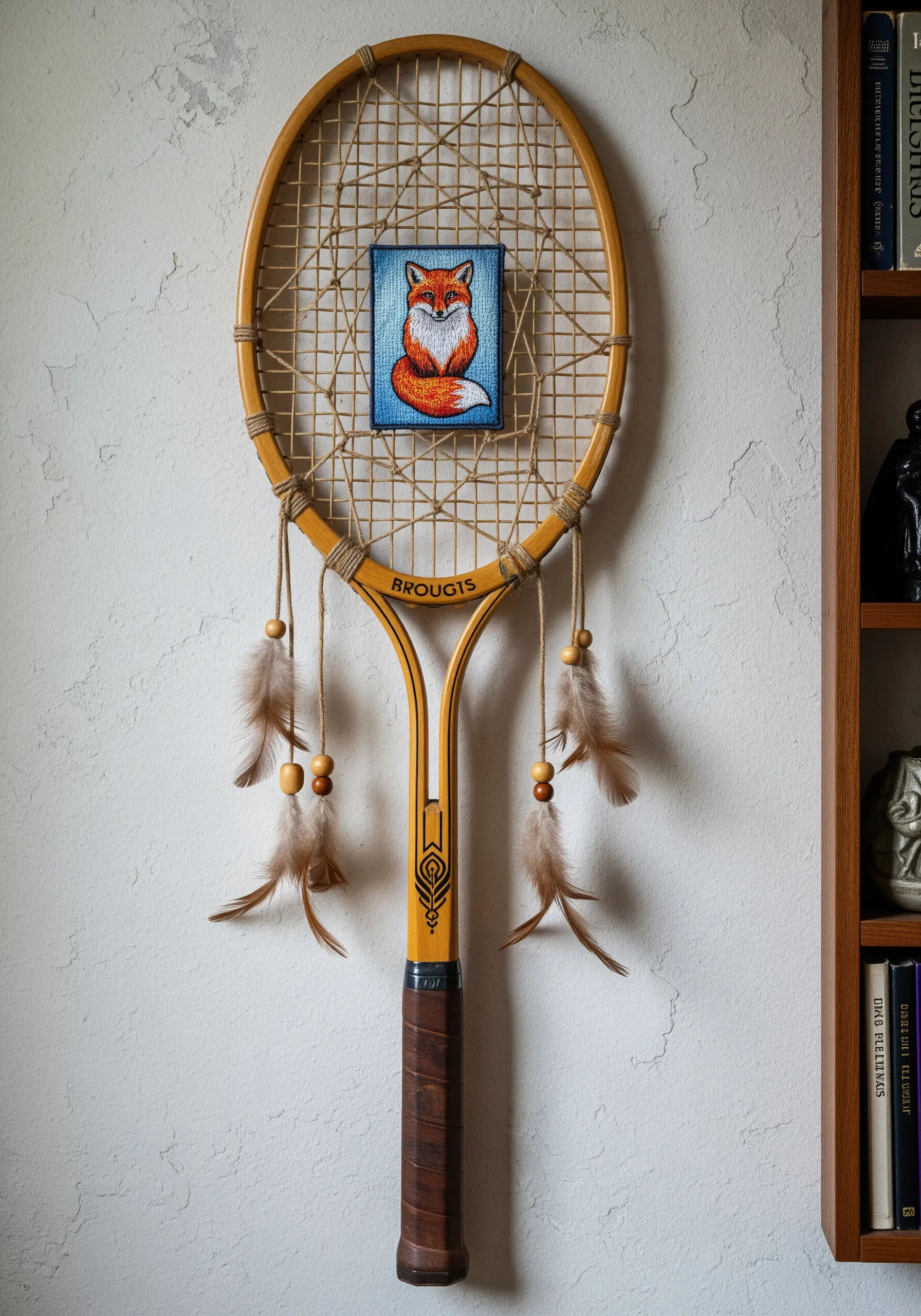 A small embroidered fox patch mounted in the center of a vintage tennis racket.