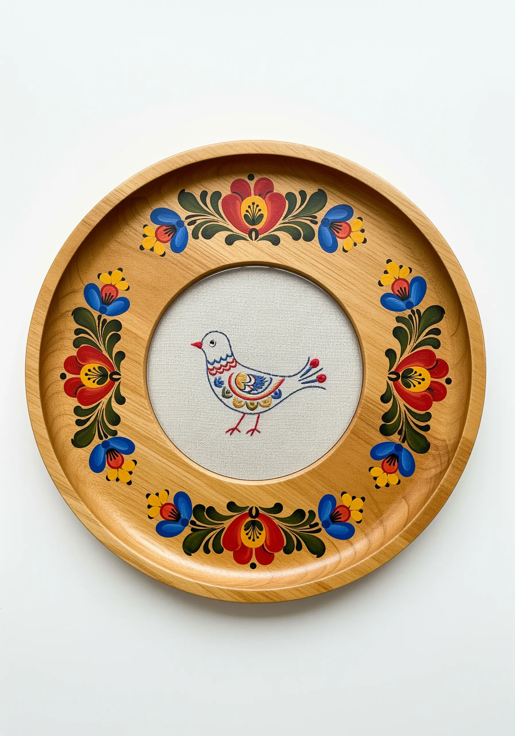 Small embroidered folk art bird in a round wooden frame painted with floral motifs.