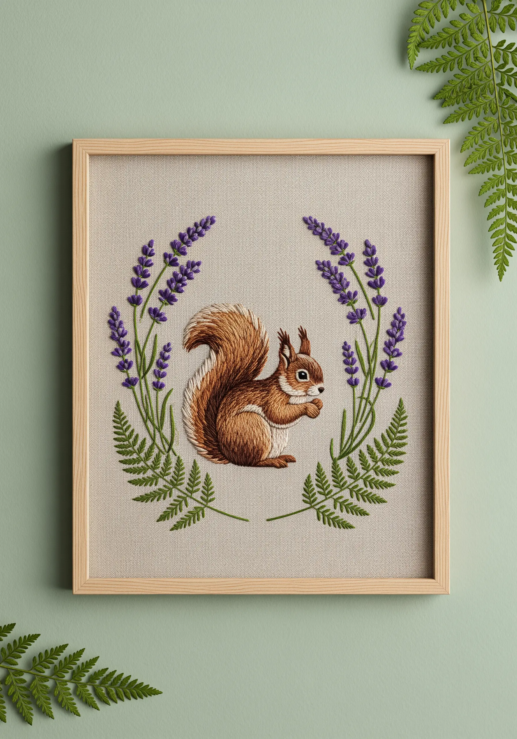 Embroidered squirrel framed by lavender and fern leaves inside a wooden picture frame.