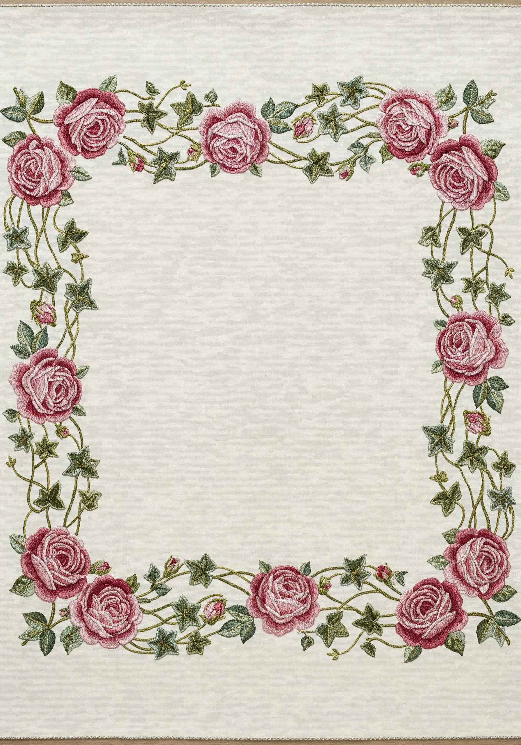 A rectangular floral border embroidered with pink roses and green ivy on cream fabric.