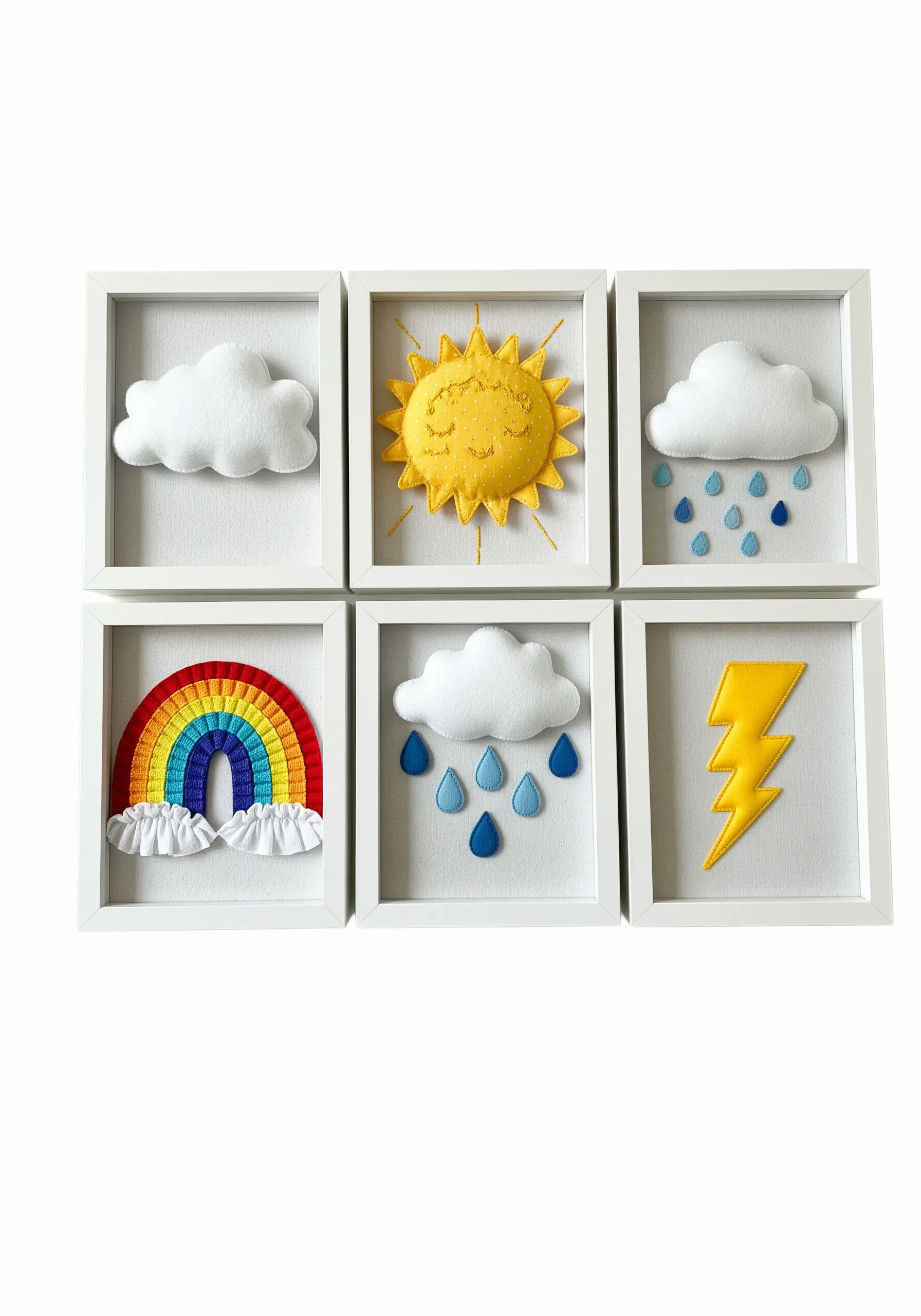 A gallery wall of six framed textile art pieces depicting felt weather icons.