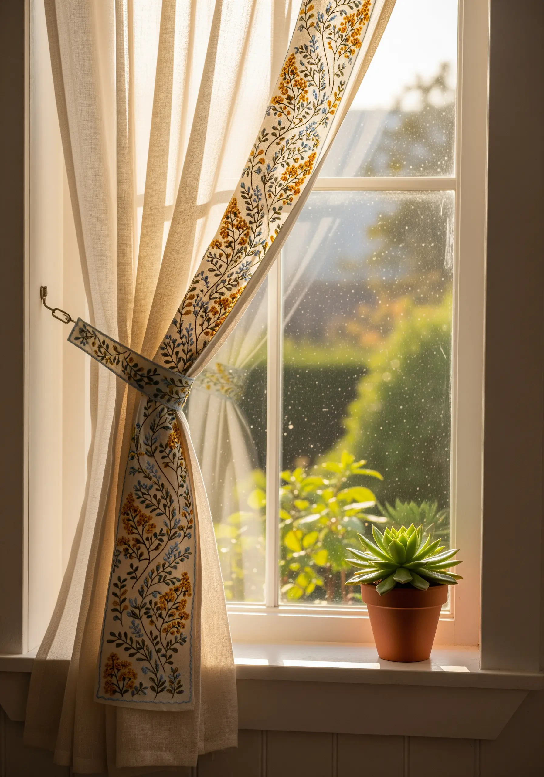 A detailed floral pattern embroidered on a curtain tie-back in a sunlit window.