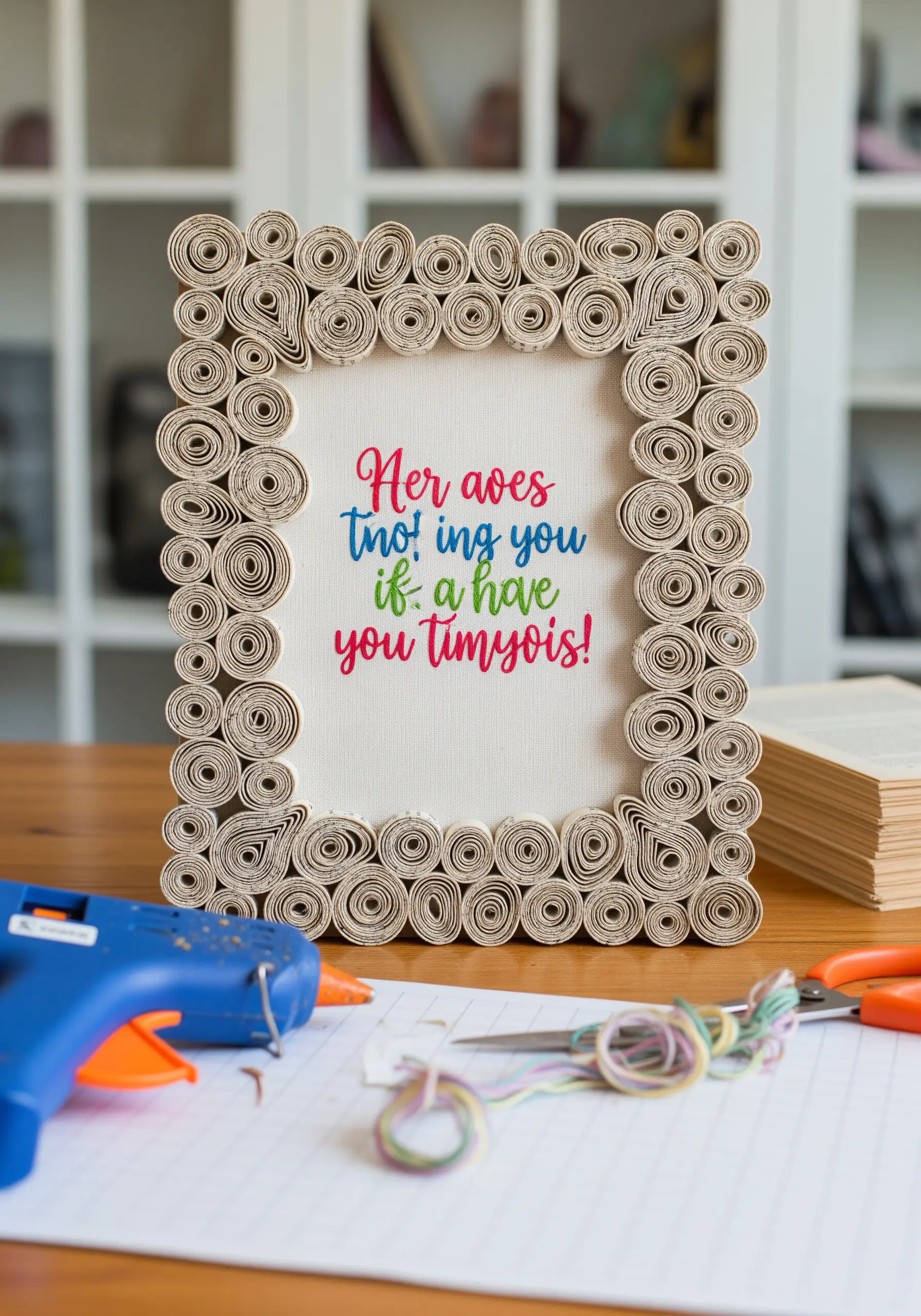 An embroidered quote on canvas framed with a border of tightly rolled book pages.