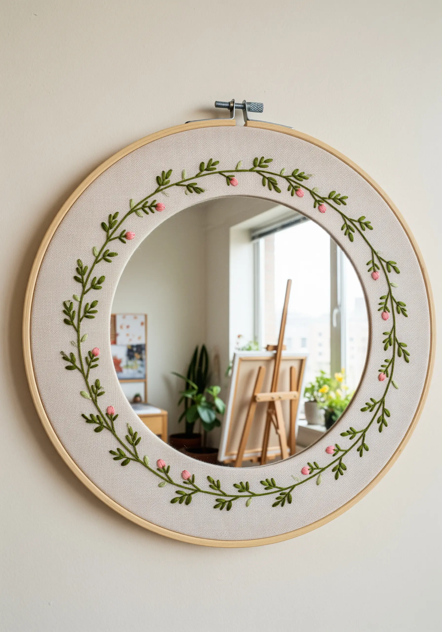 Round mirror framed inside a large embroidery hoop with a delicate green vine and pink bud pattern