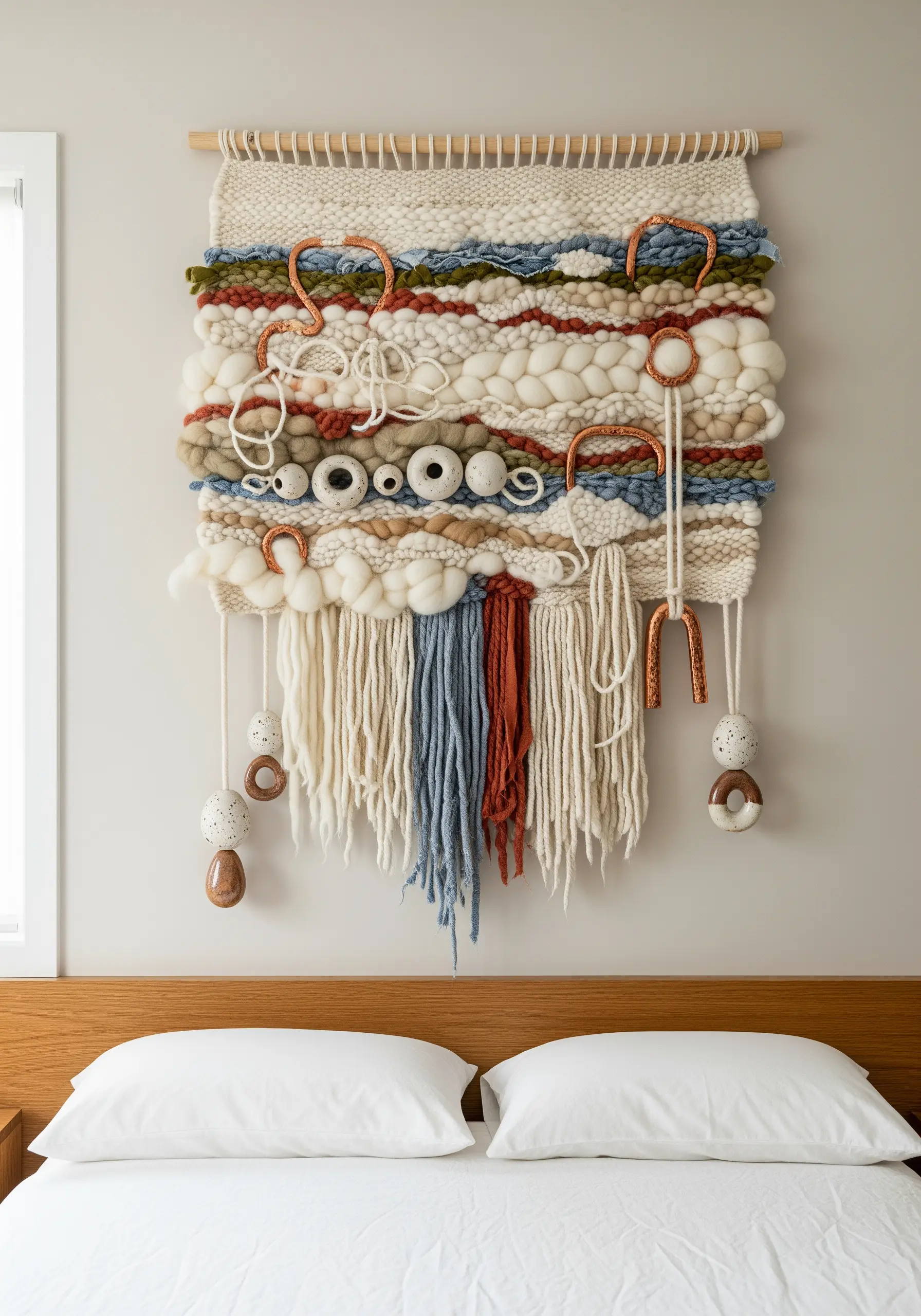 Abstract woven wall hanging with organic textures and copper accents