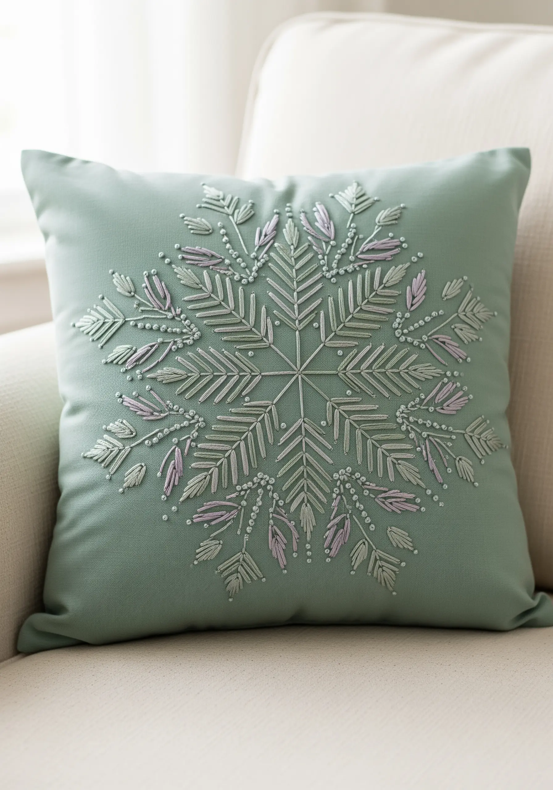 Winter leaf mandala embroidered on a sage green cushion with metallic and pastel threads.