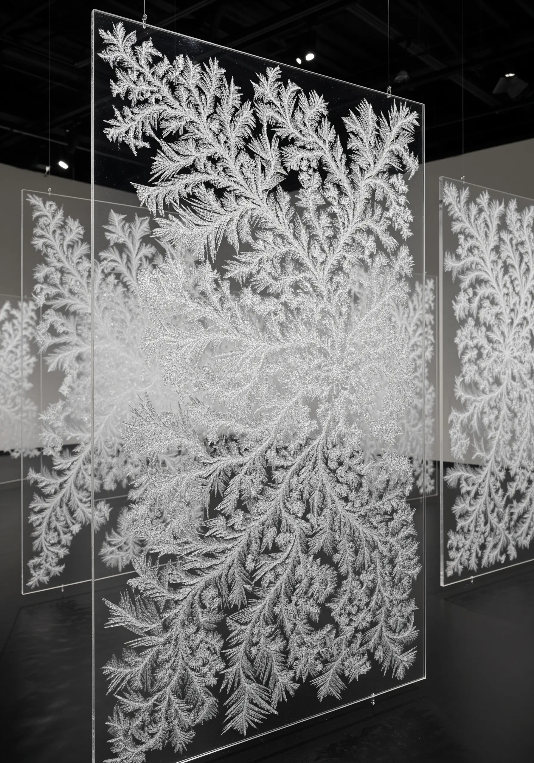 Intricate white frost patterns on transparent panels, resembling embroidery.