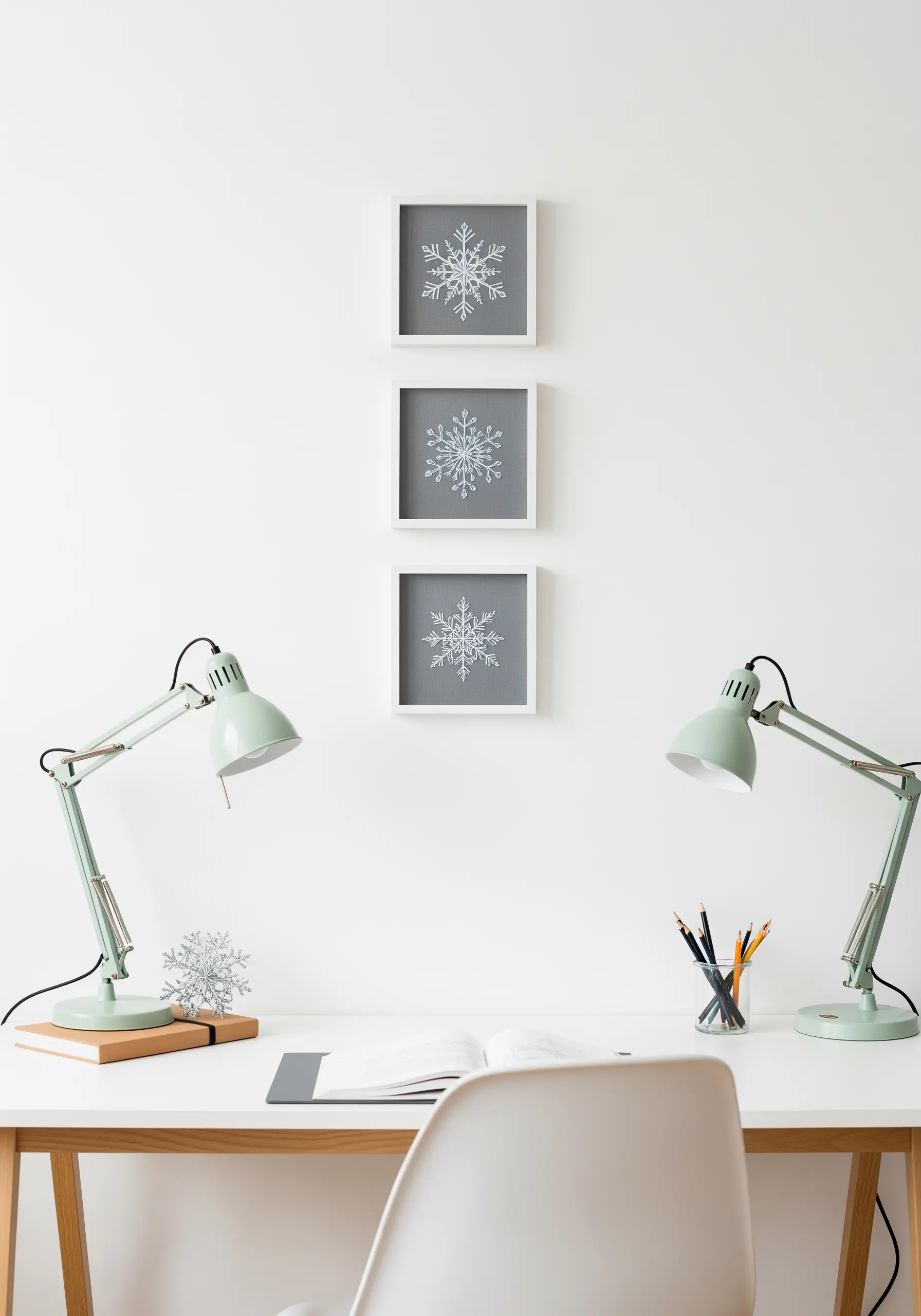 A vertical series of three small frames, each containing a single embroidered white snowflake.