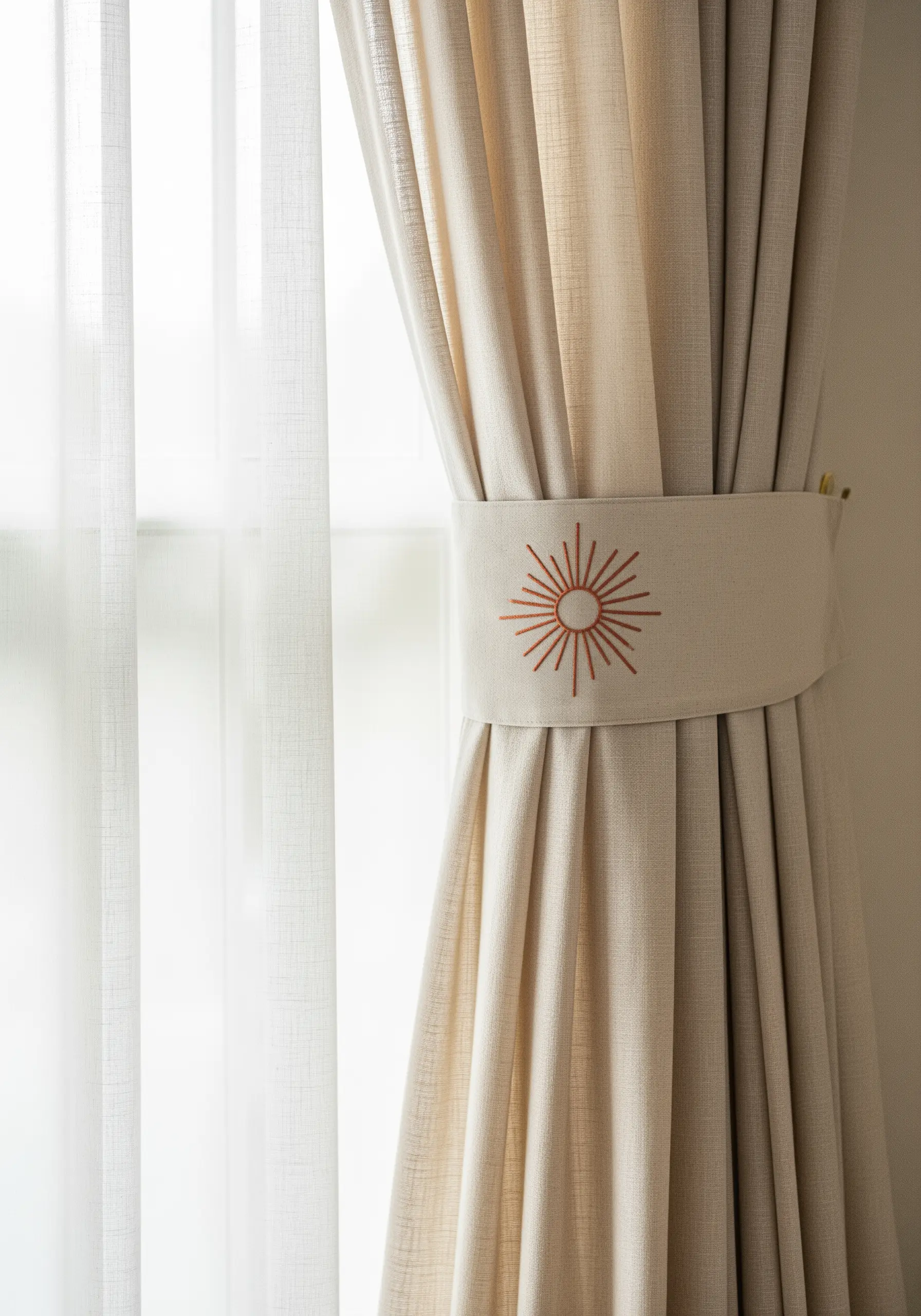 An embroidered sunburst motif in rust-orange on a linen curtain tie-back.