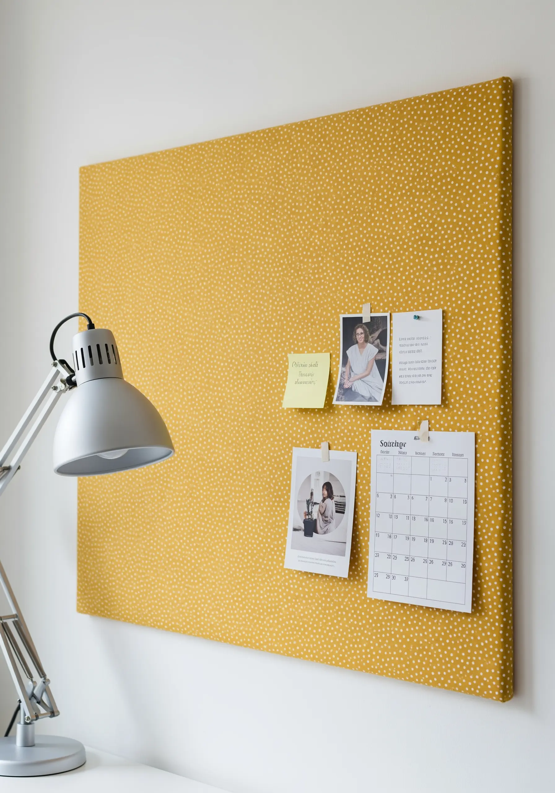 A large rectangular pinboard covered in a yellow and white dotted fabric.