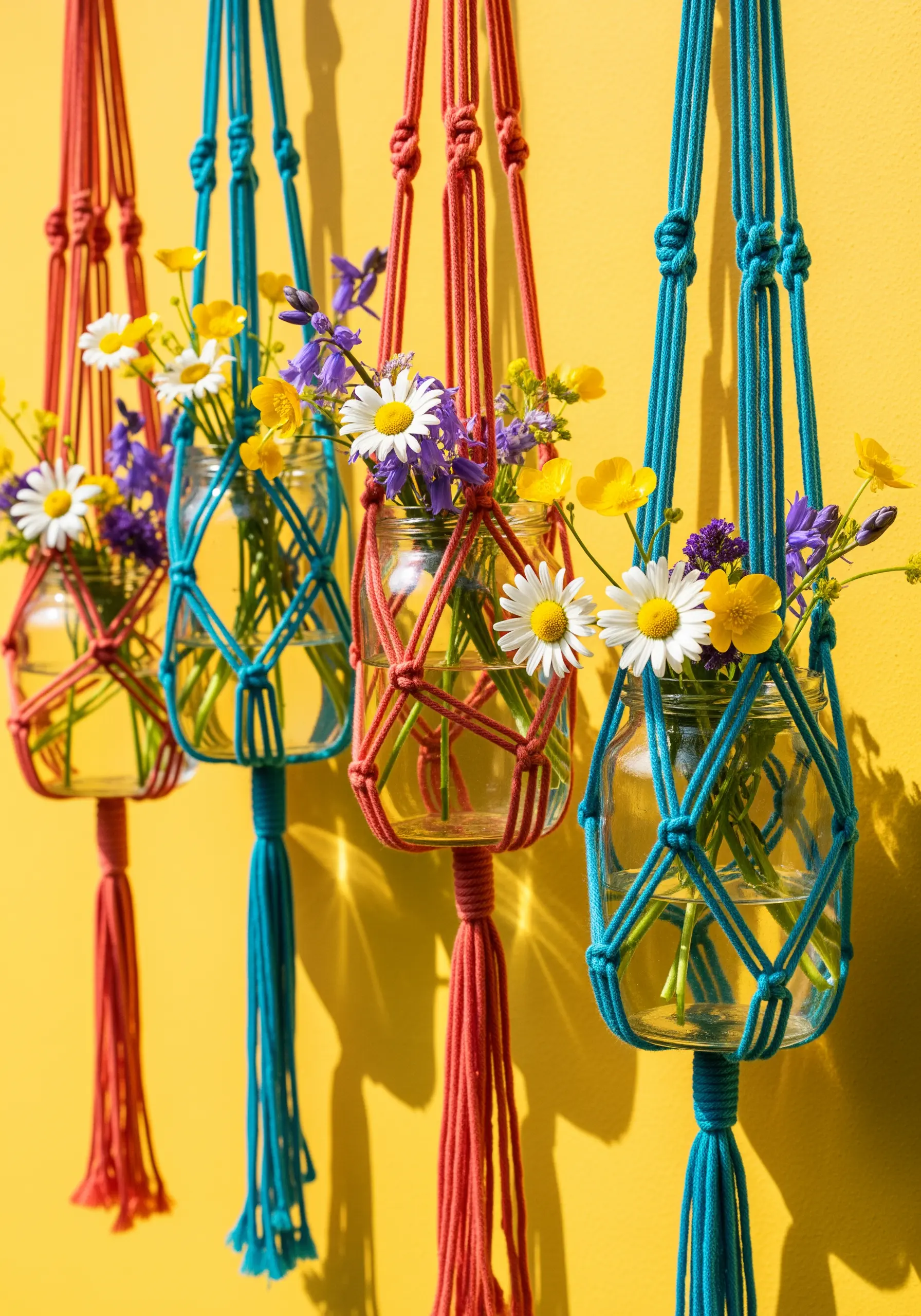 Colorful macrame jar hangers with wildflowers against yellow wall