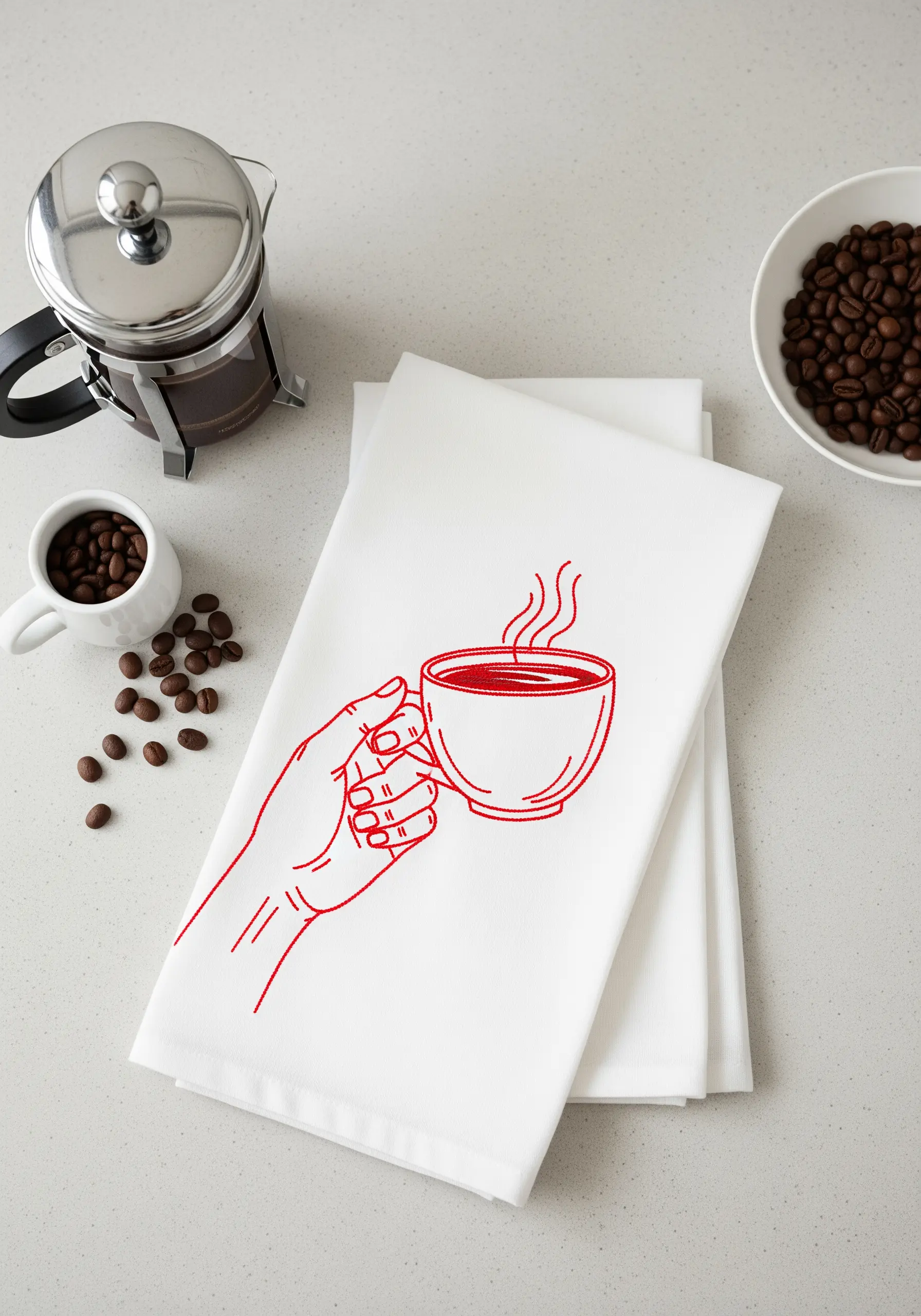 Red line art embroidery of a hand holding coffee on a white towel