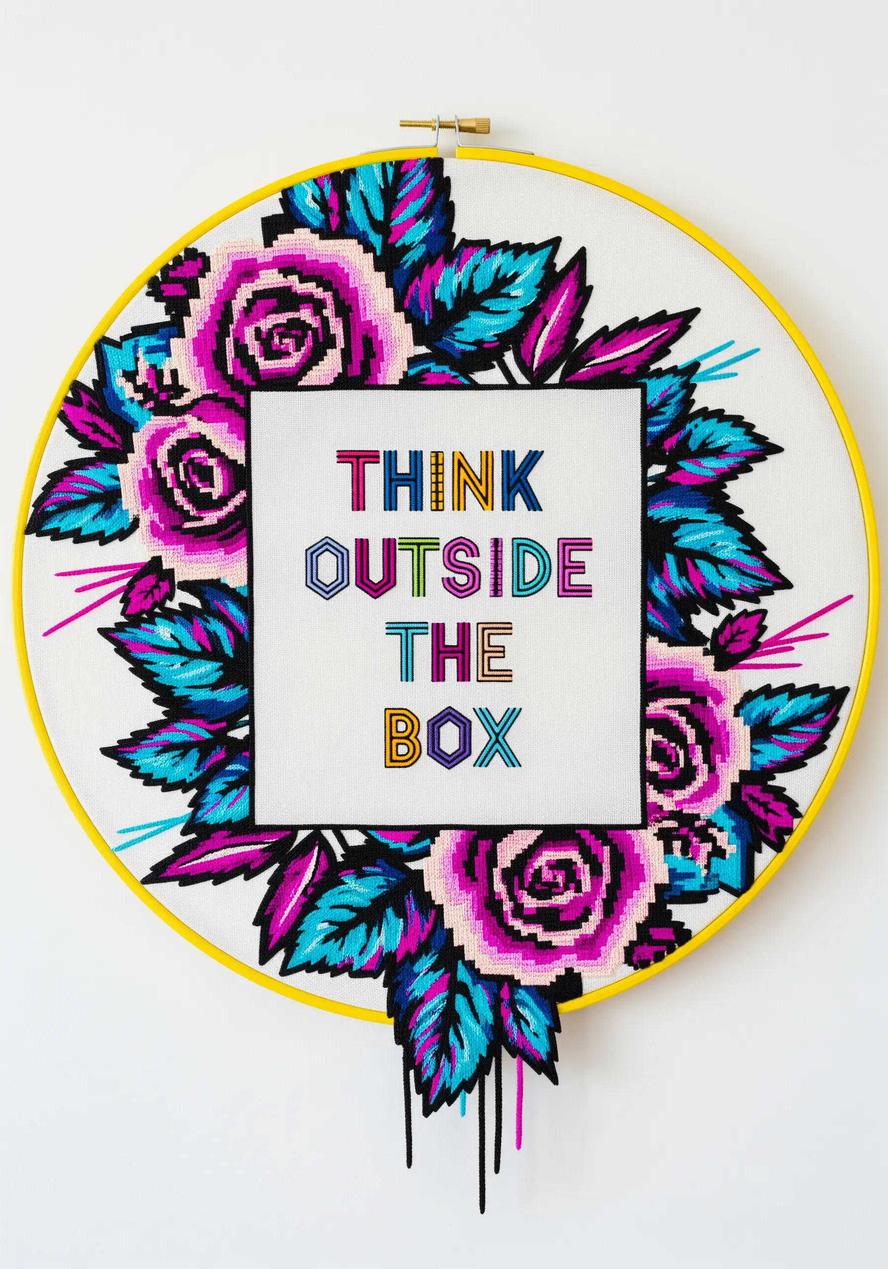 Modern embroidery blending graphic cross-stitch roses with colorful line-art leaves.