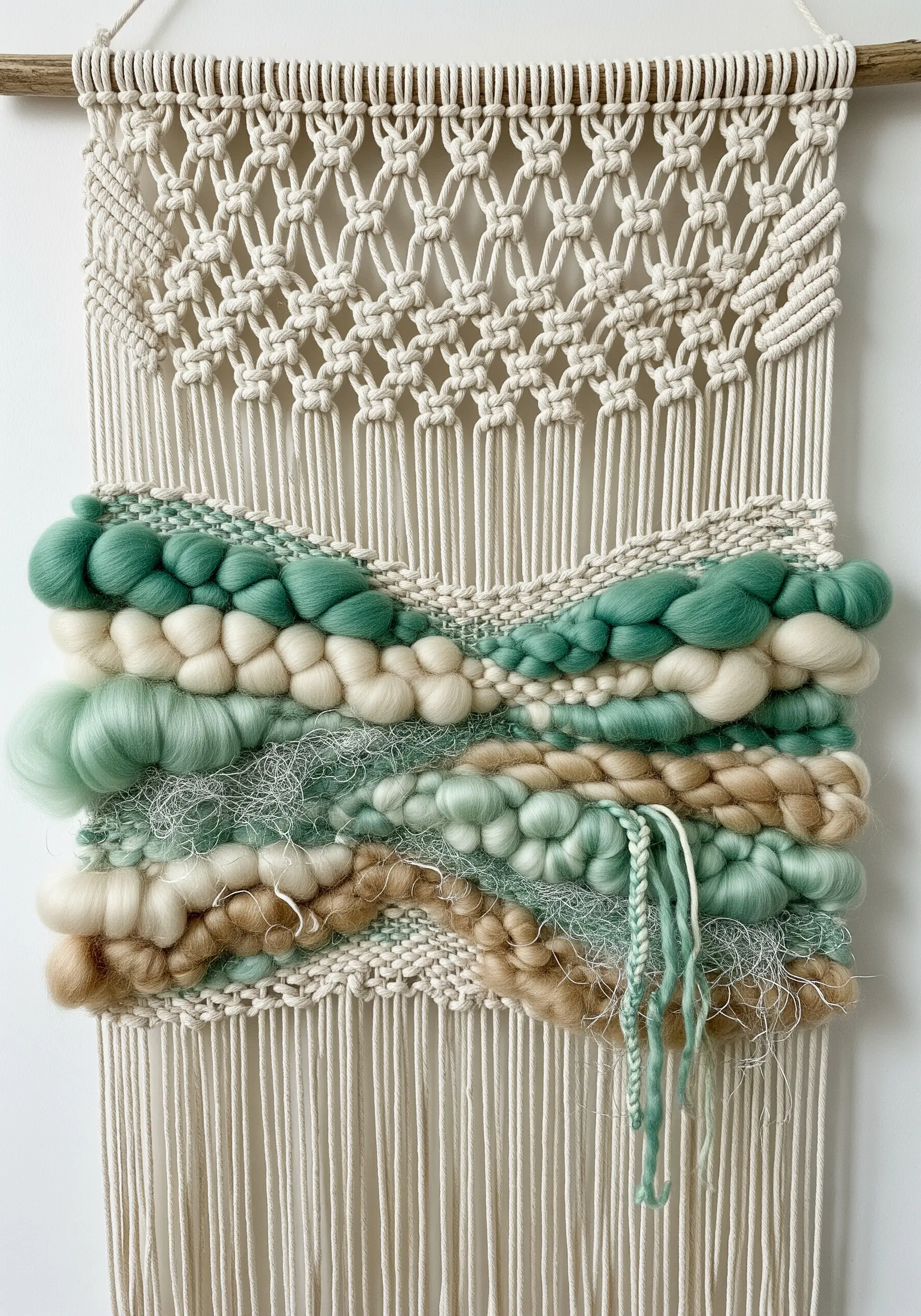 Wall hanging that combines a macrame top with a chunky woven section in green and cream hues.
