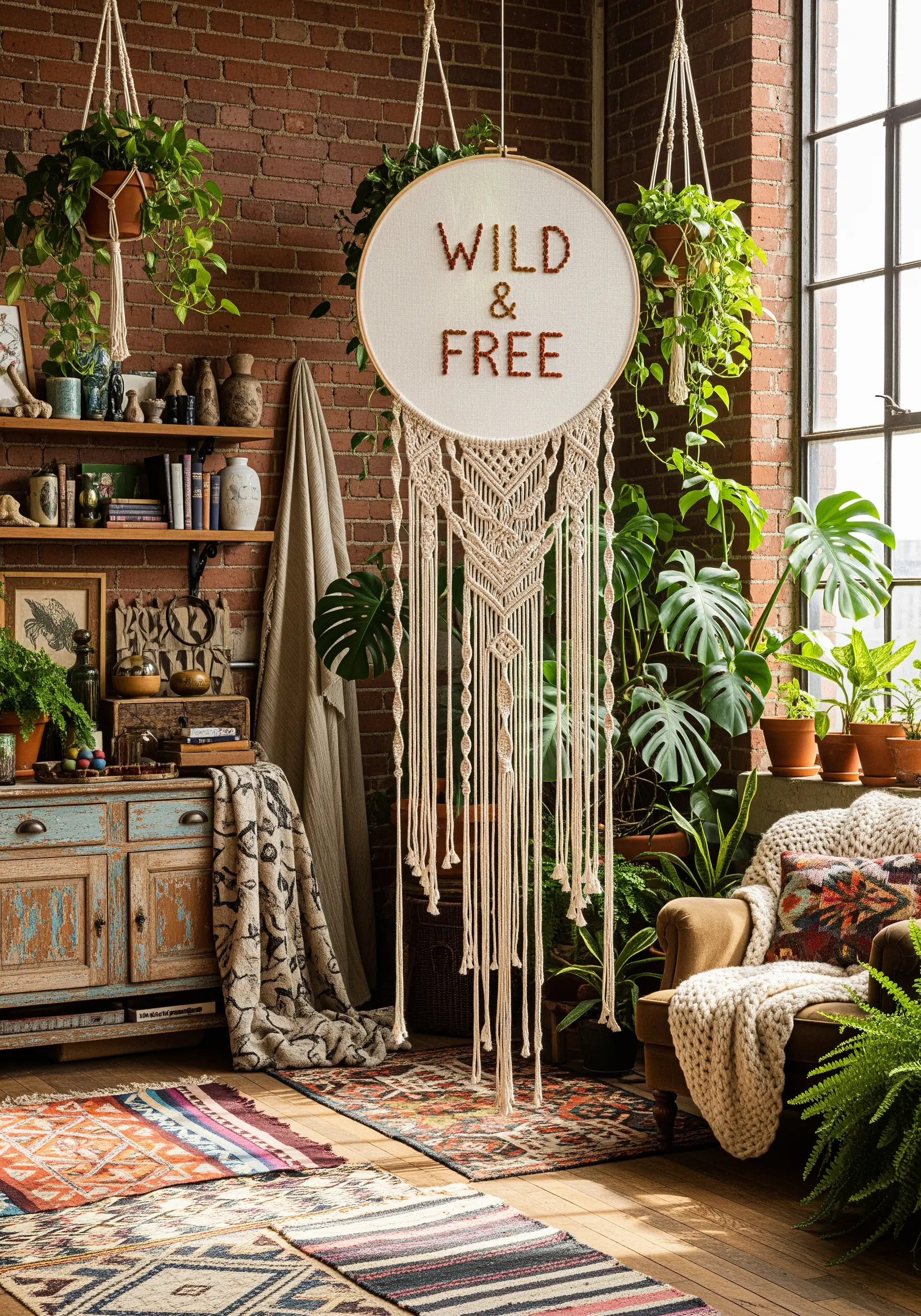 Embroidery hoop with text and long macrame fringe hanging below