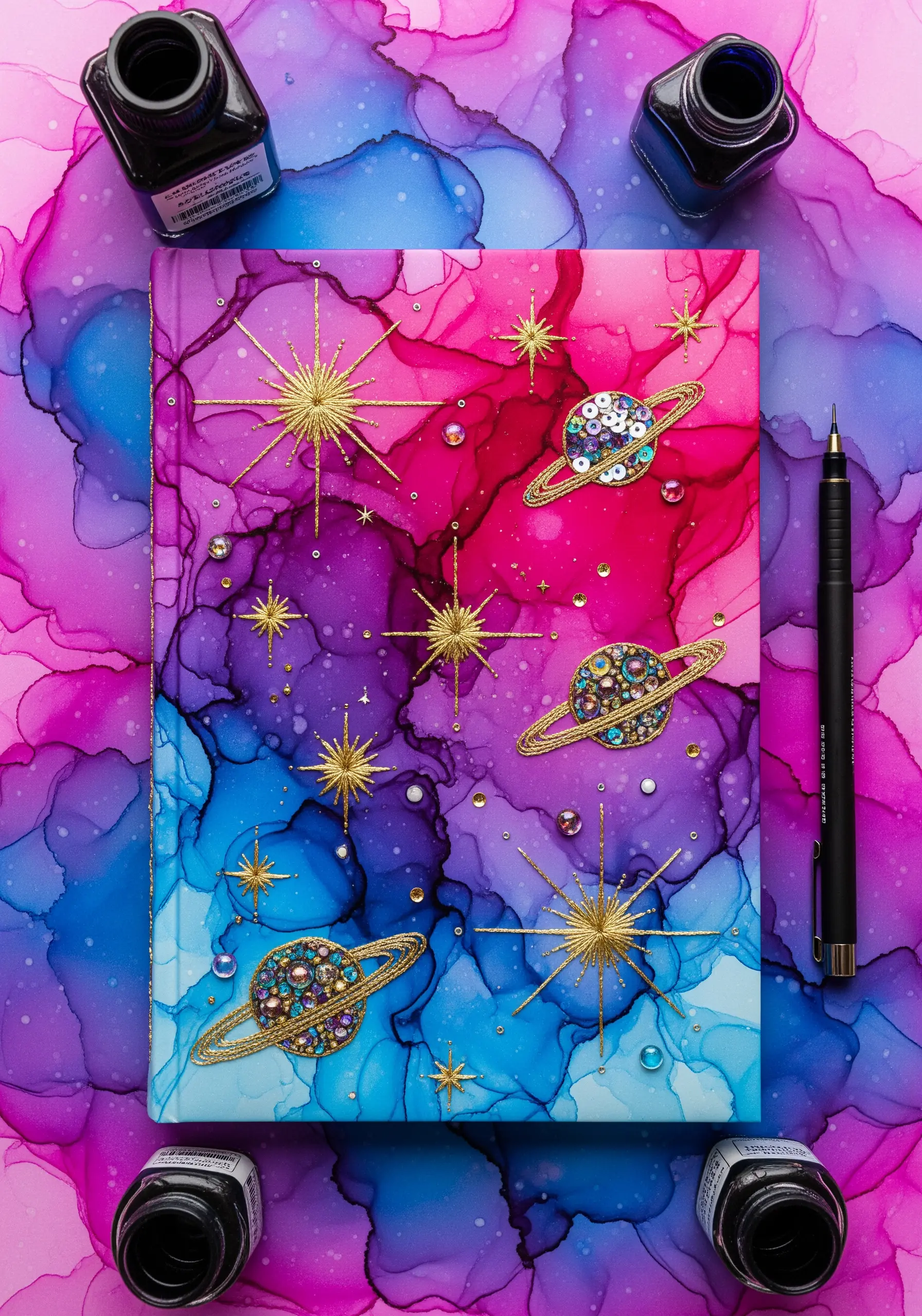 Embroidered and beaded planets and gold starbursts on a vibrant pink and blue alcohol ink background.