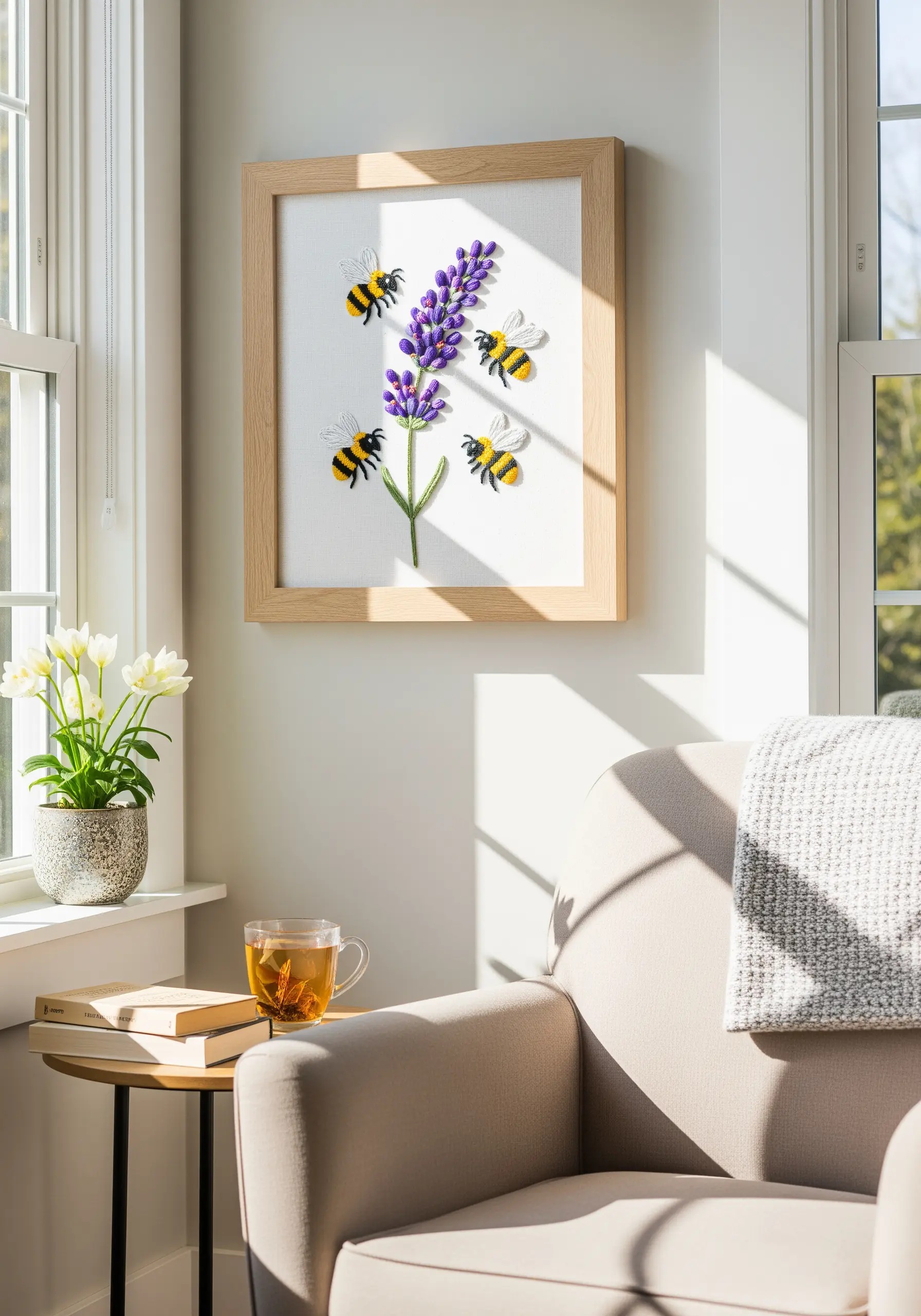 Framed embroidery of a lavender sprig with several puffy, three-dimensional bumblebees.