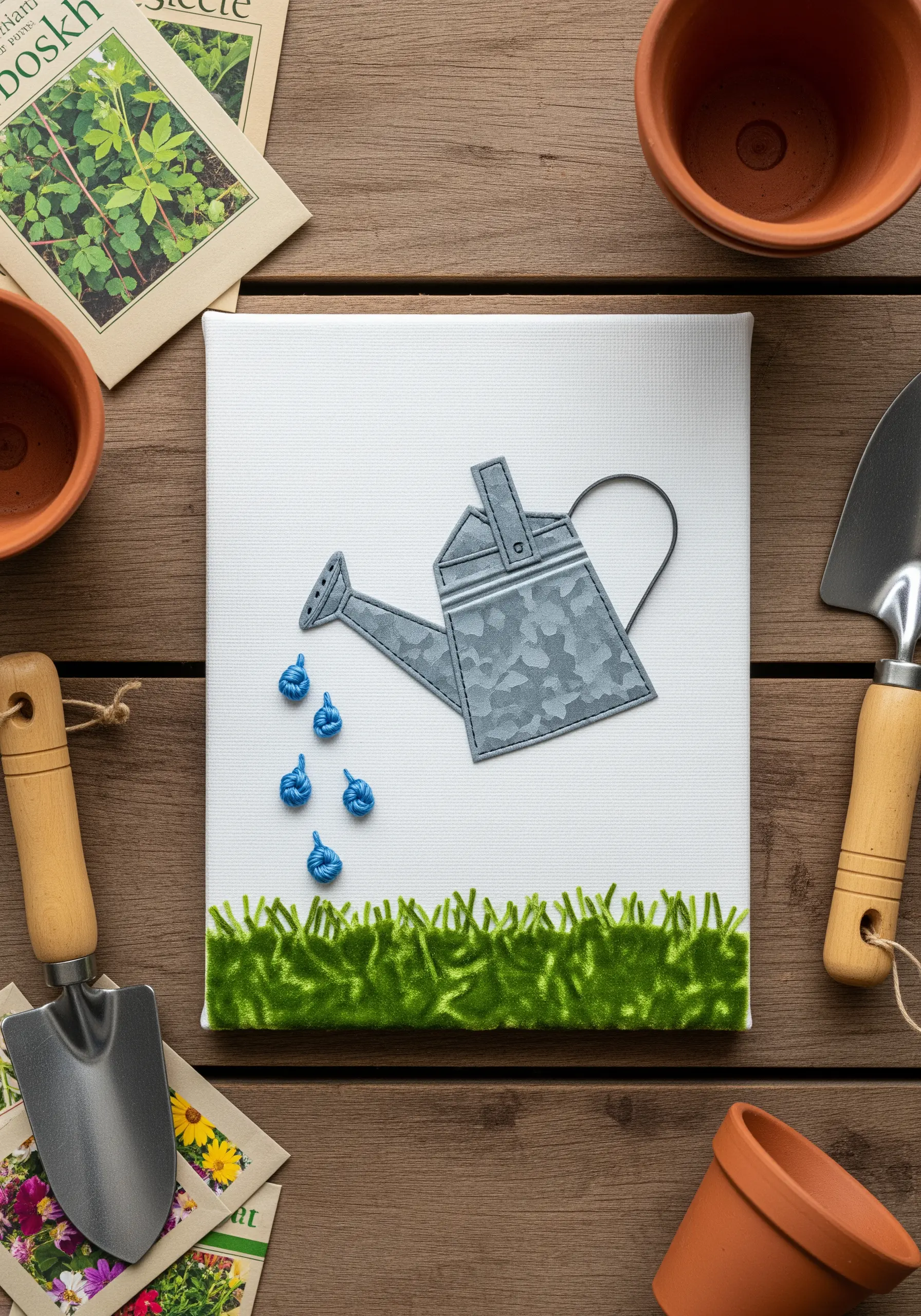 A garden collage with 3D blue French knots representing water droplets from a watering can.