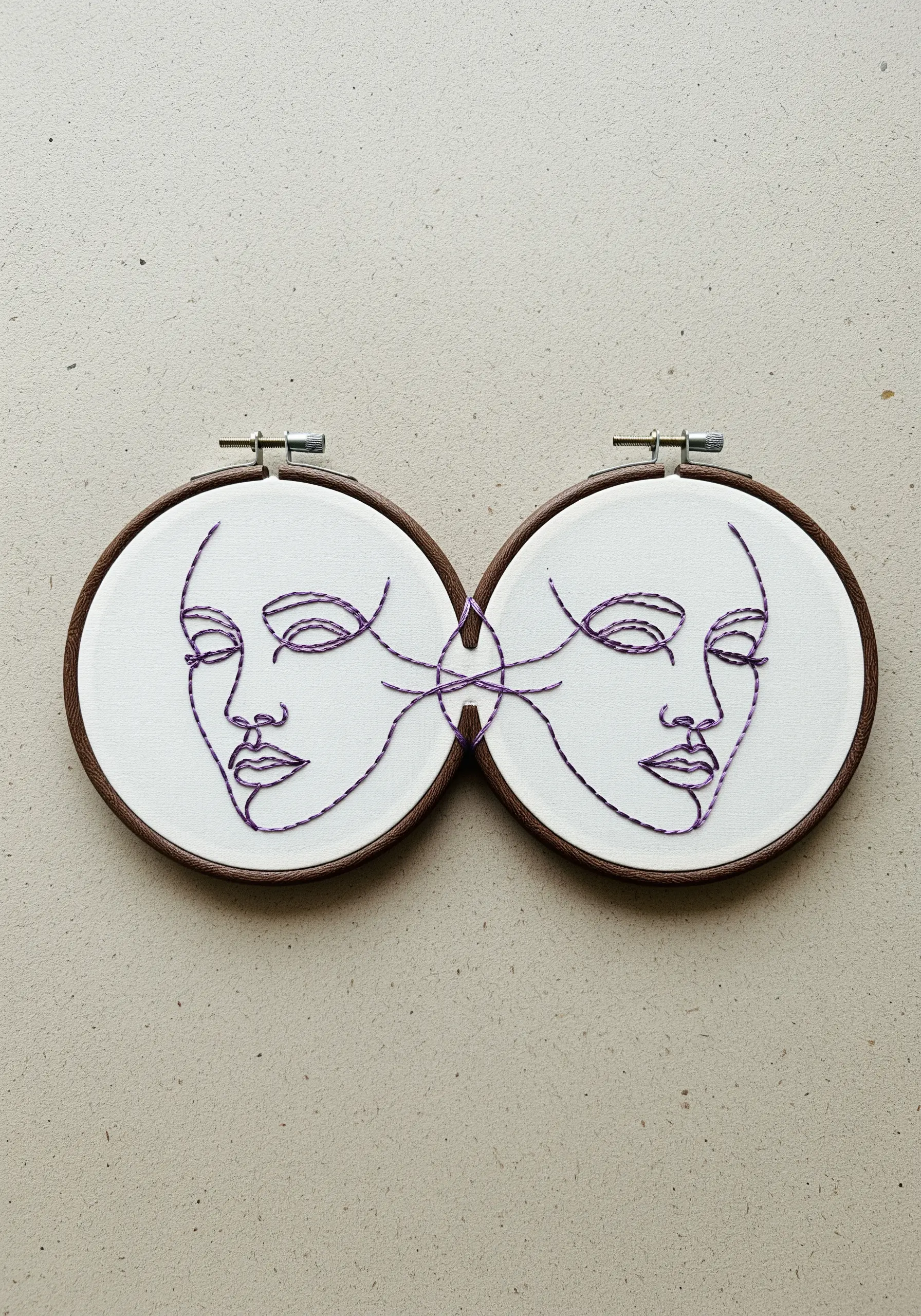 Gemini concept with two embroidered faces in separate hoops, connected by threads.