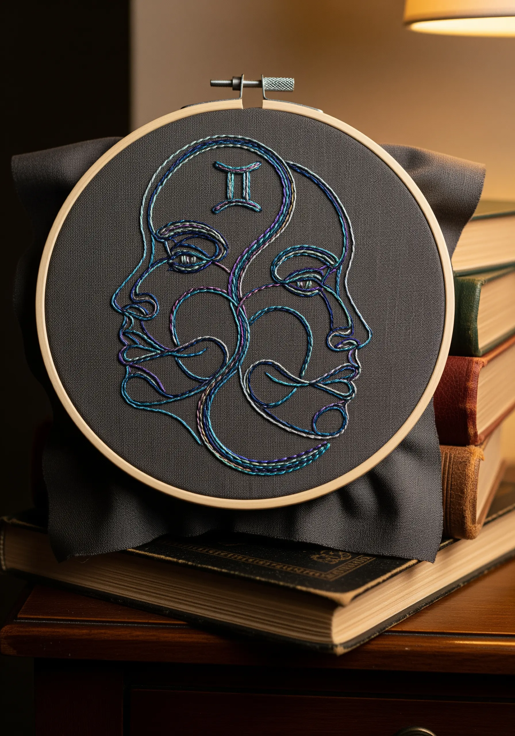 Gemini twin faces in profile, stitched with a blue and purple variegated thread on grey fabric.