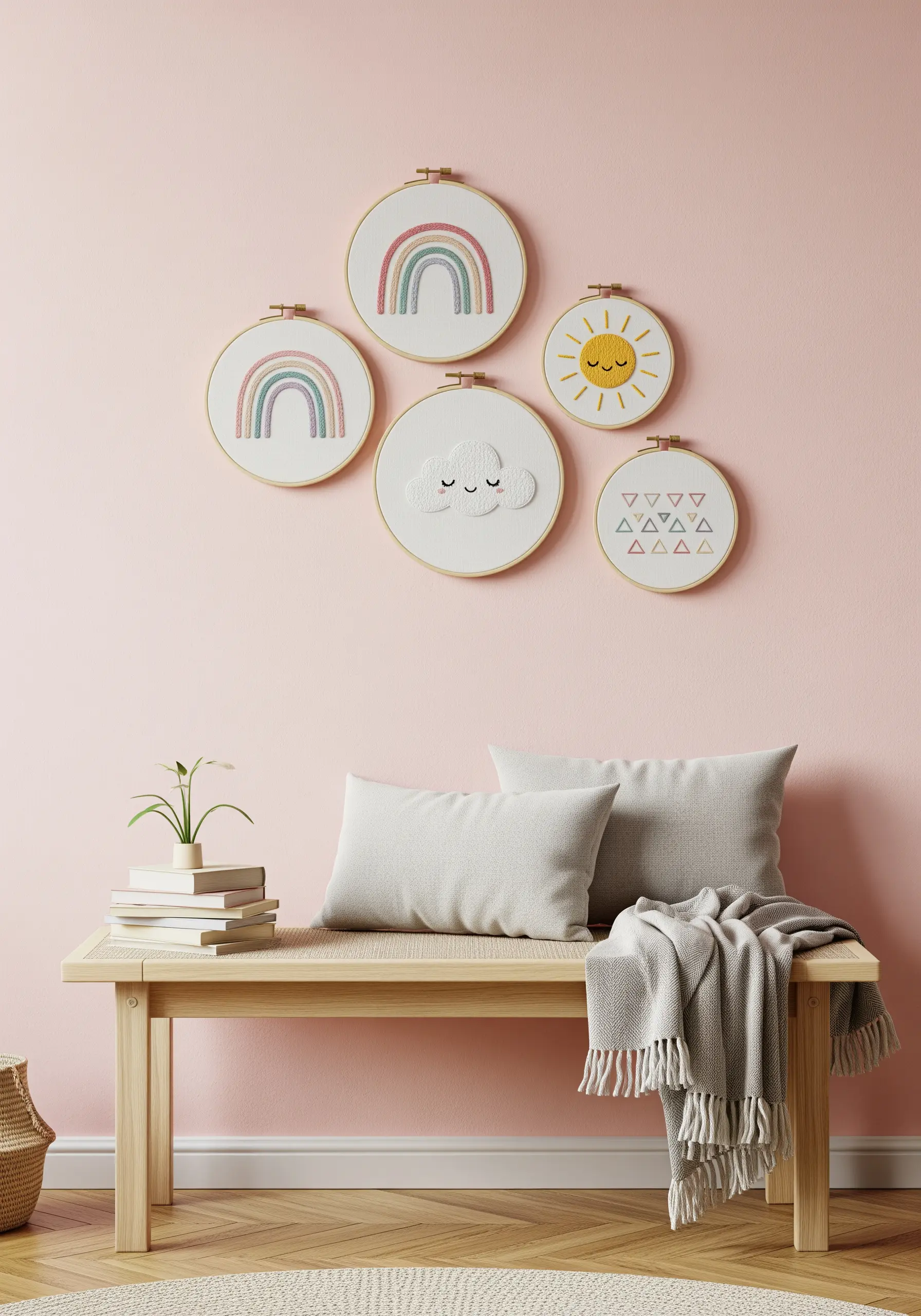 A collection of cute nursery-themed embroidery hoops with a sun, cloud, and rainbow.