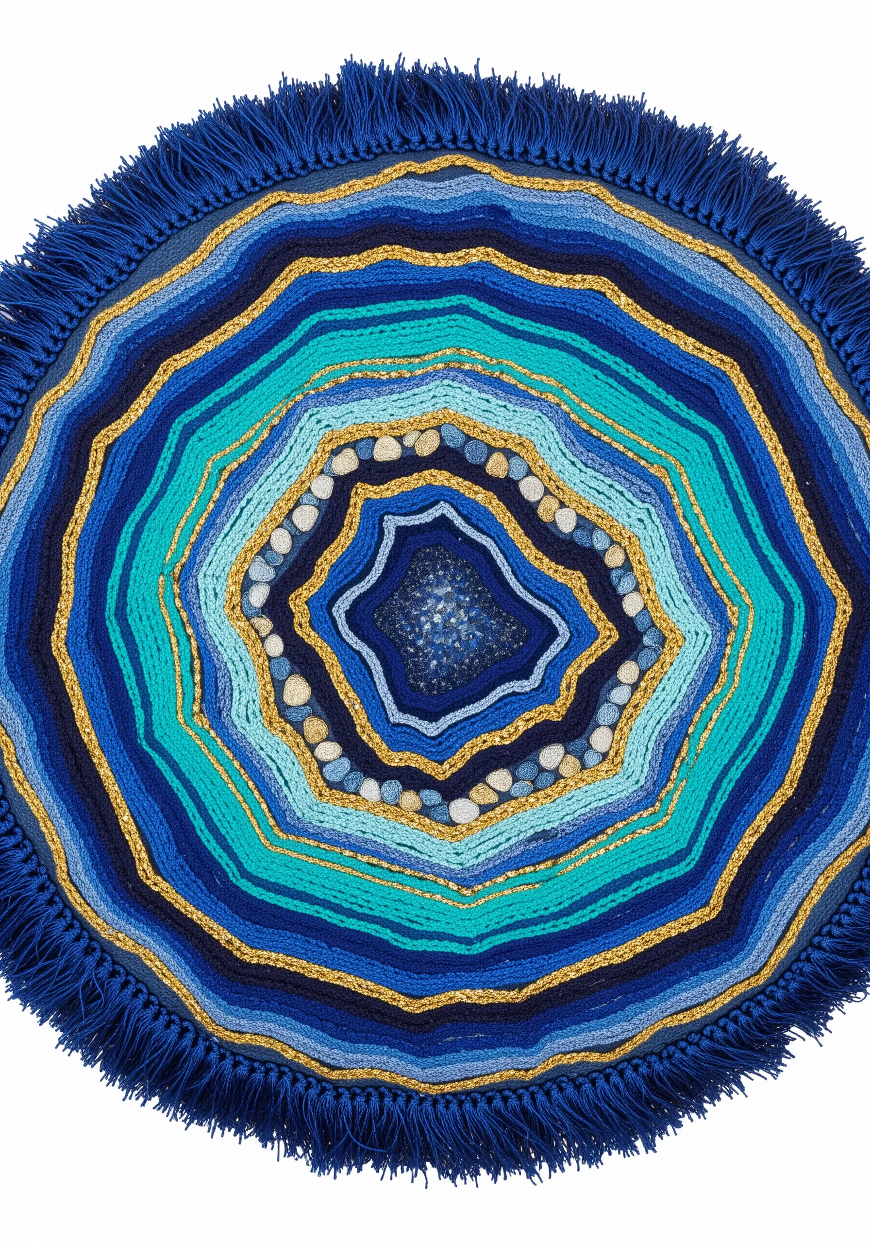 A round pillow embroidered to look like a blue and gold agate geode slice.