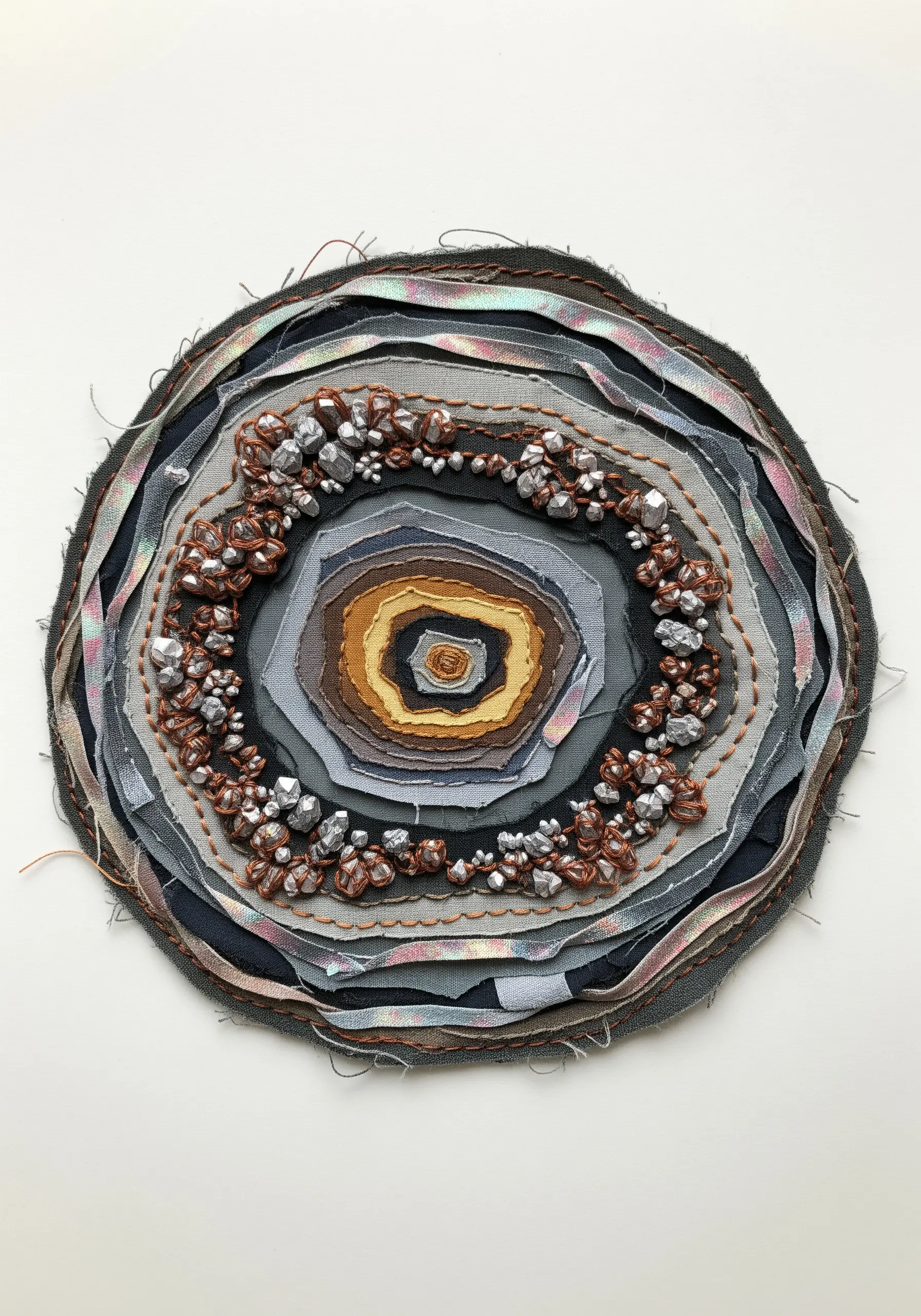 A circular textile collage of layered gray and metallic fabrics resembling a geode slice.