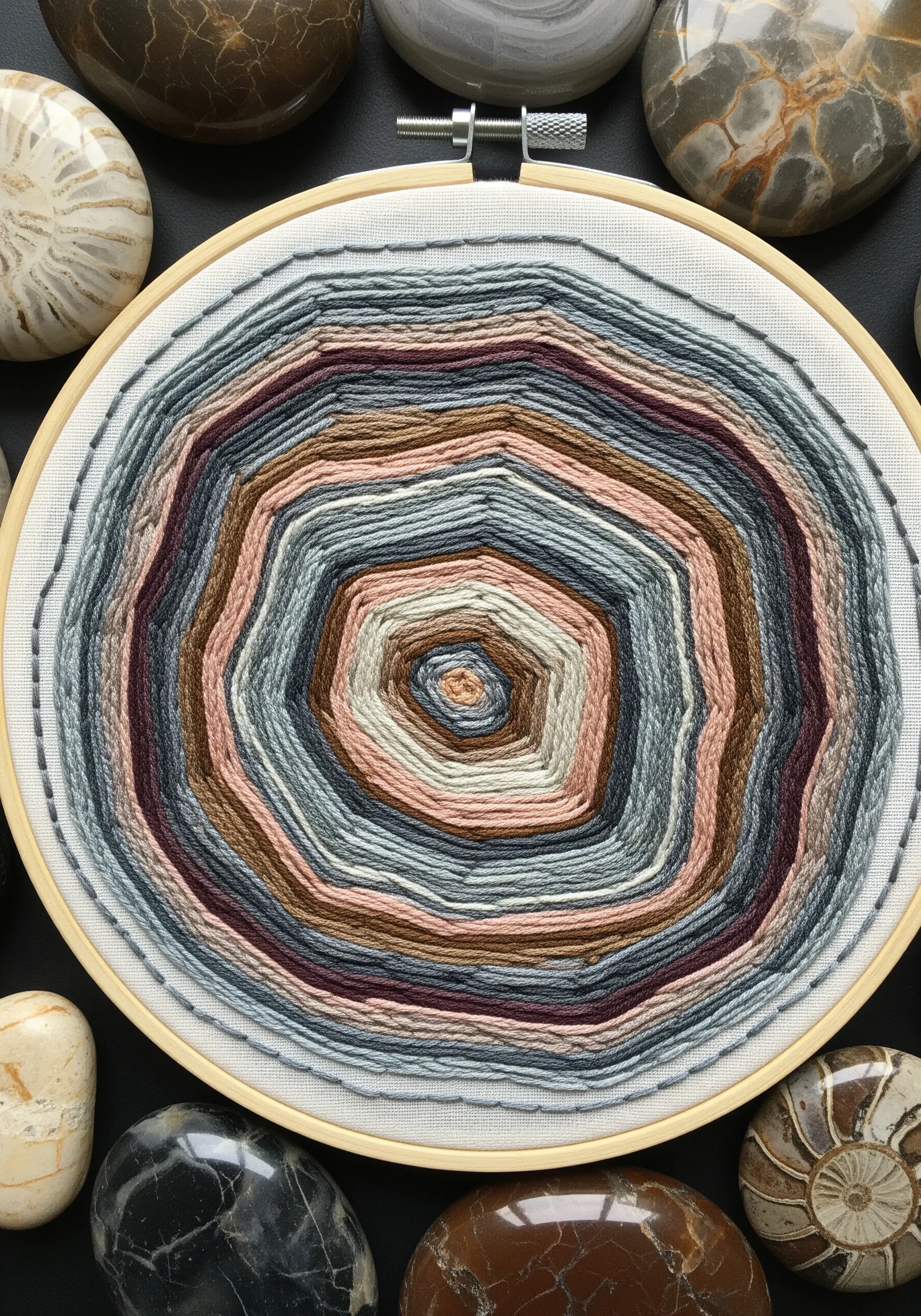 Organic, geode-like embroidered rings in a palette of slate blue, dusty rose, brown, and gray.