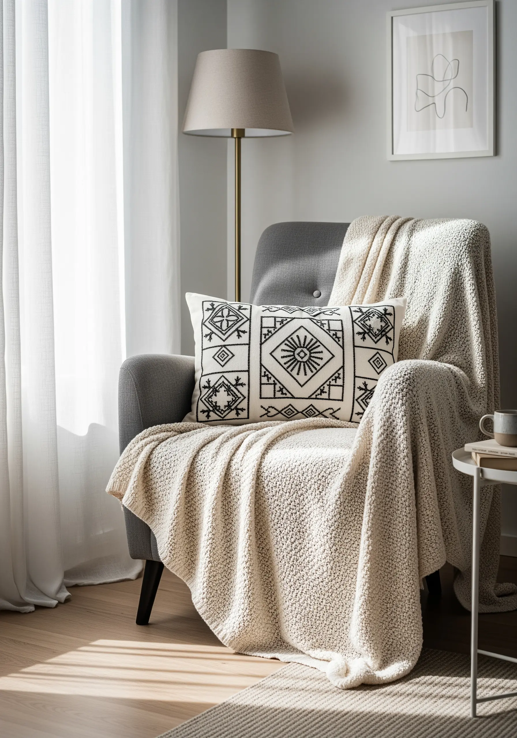 Geometric blackwork embroidery pattern on a white lumbar pillow