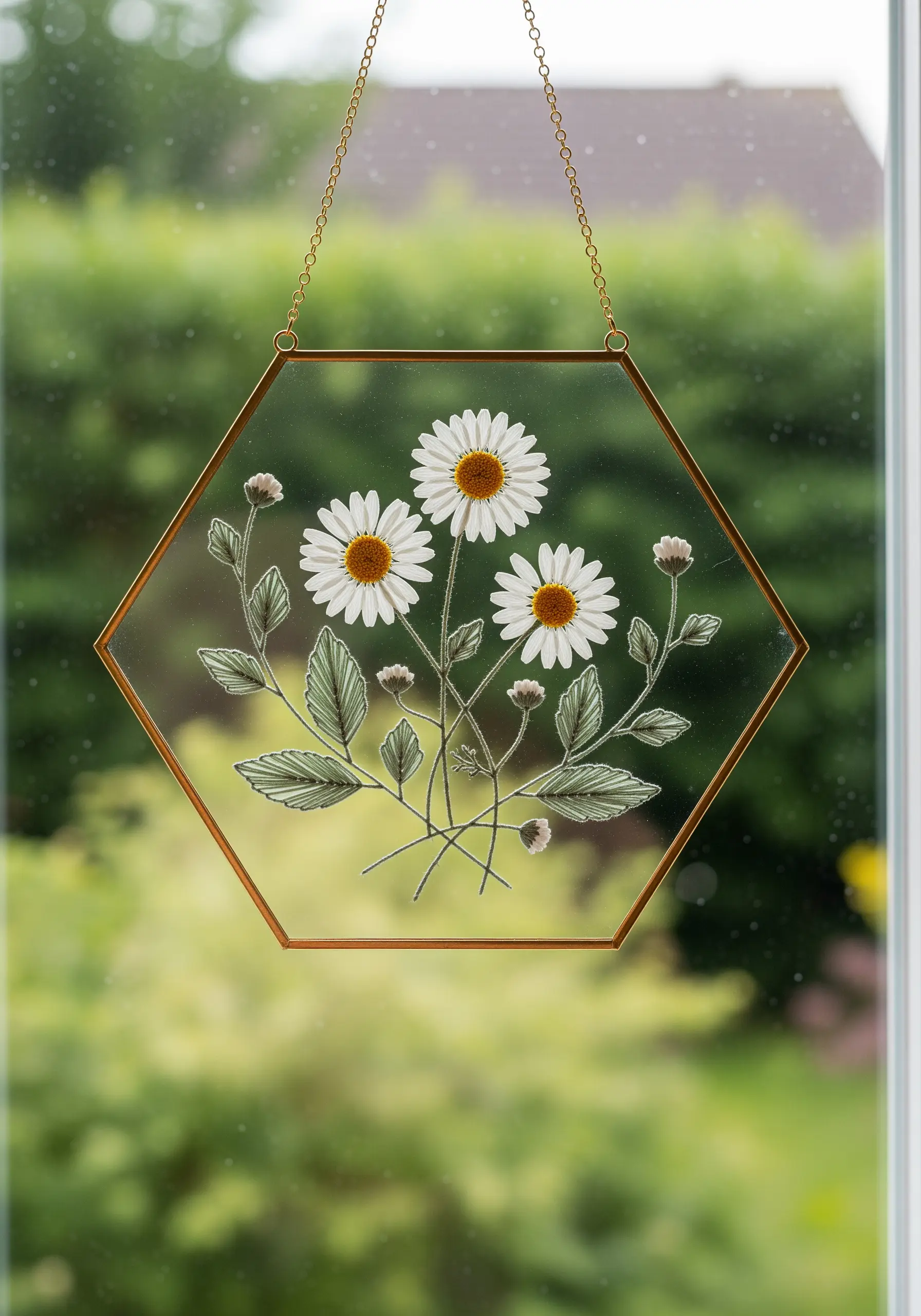 White daisies and embroidered stems in a hexagon glass frame