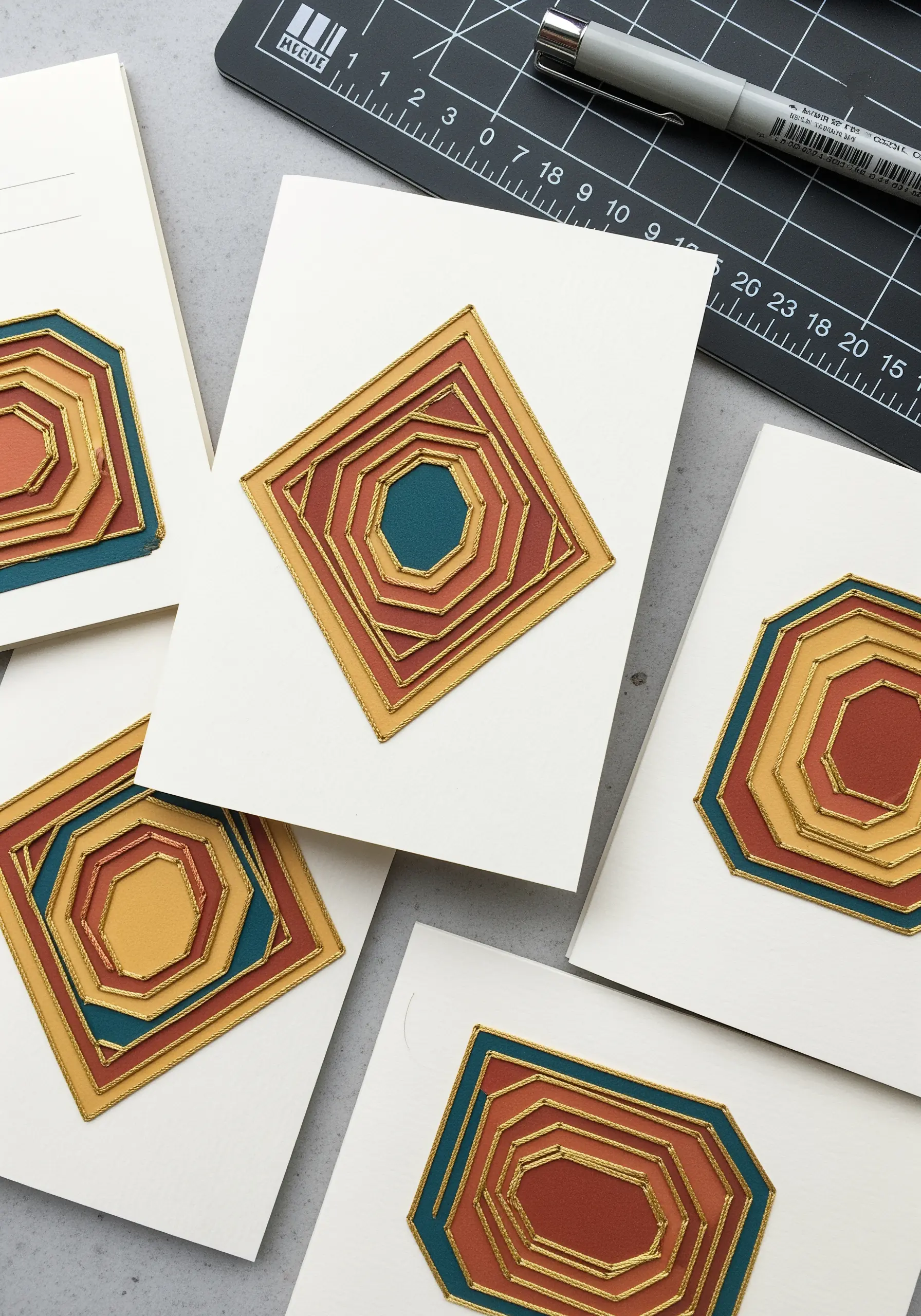 Layered geometric paper art on cards, outlined with gold embroidery thread for definition.