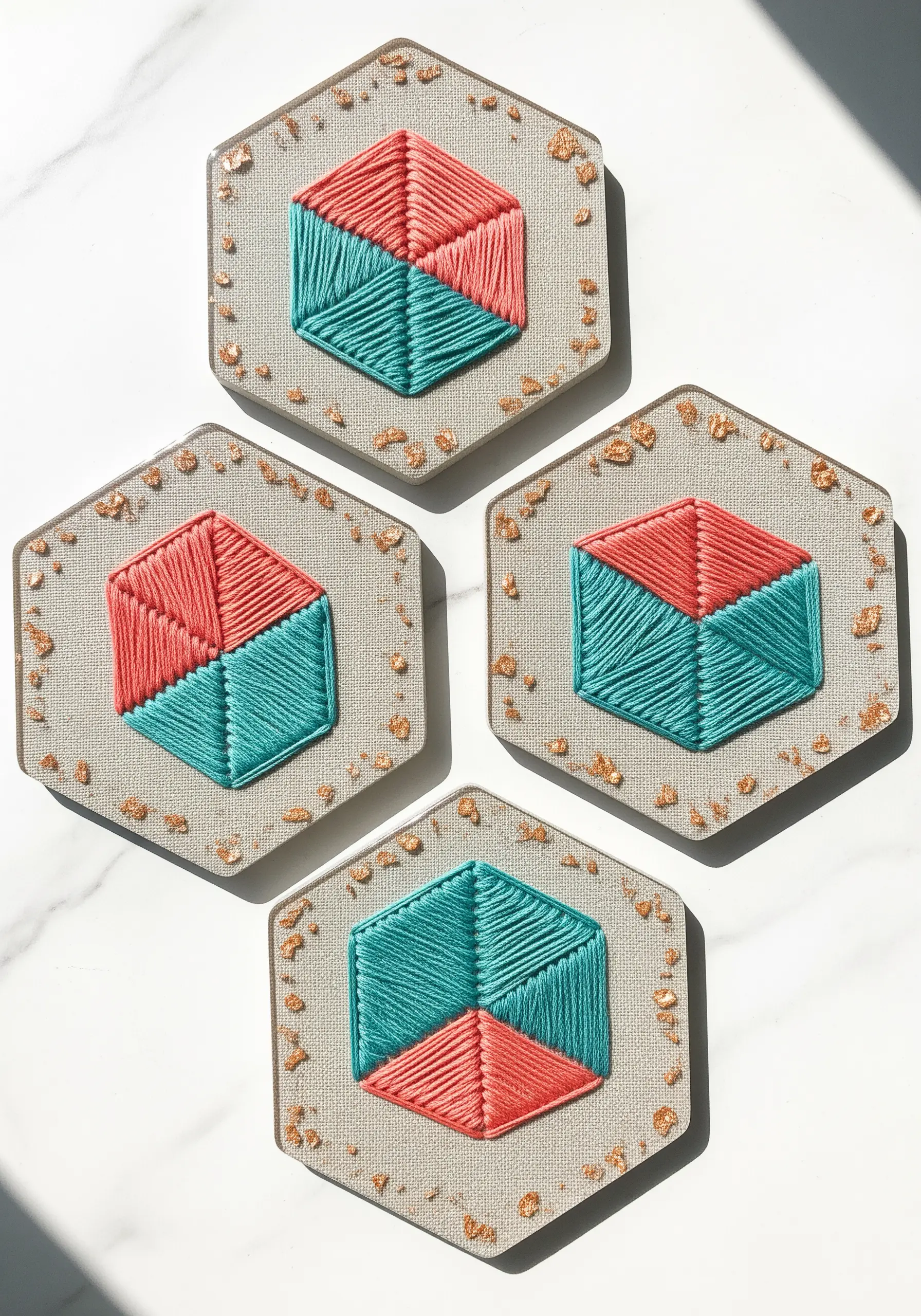 Embroidered geometric coasters in teal and coral with gold leaf, sealed in resin.