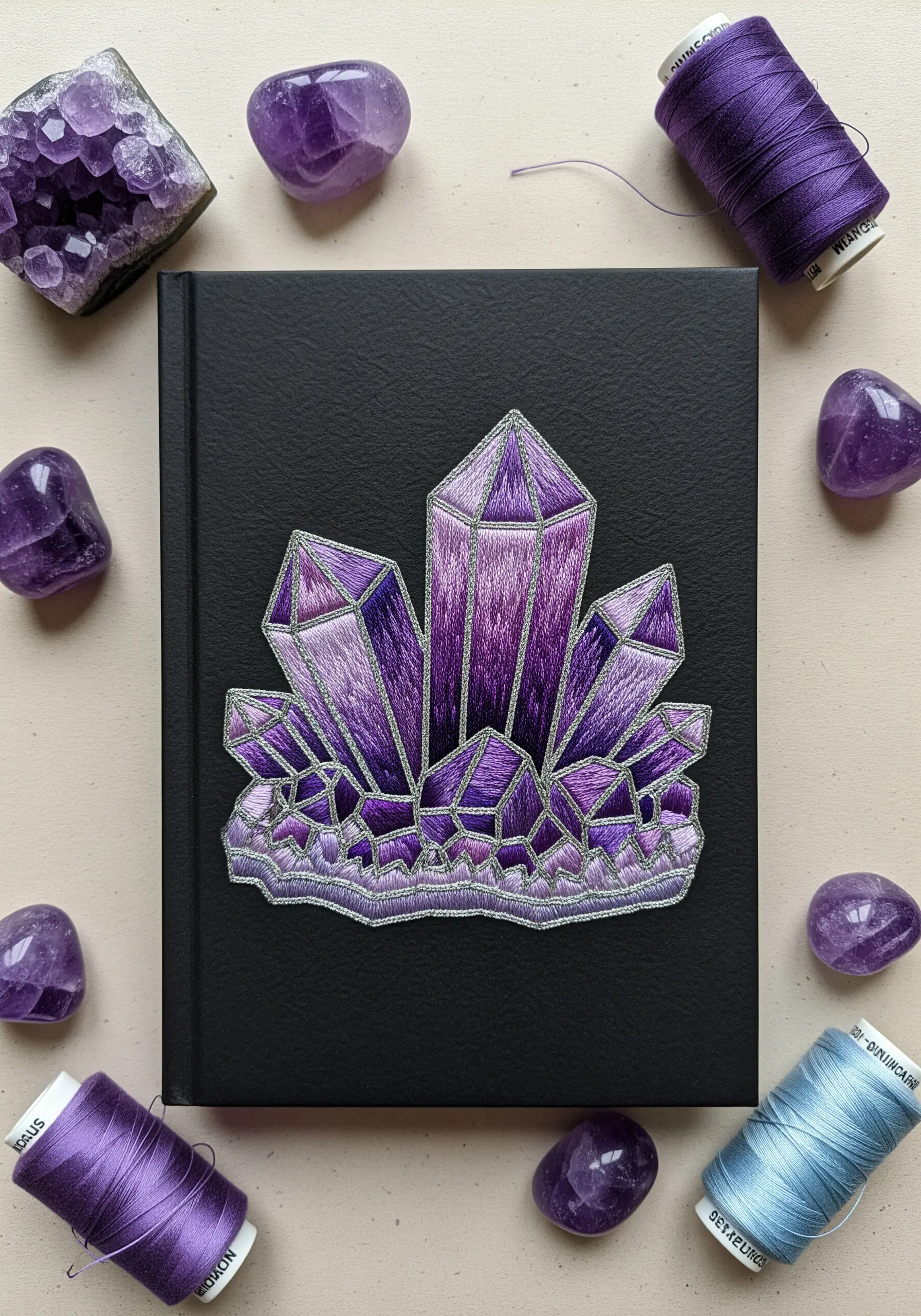 An embroidered amethyst crystal cluster with geometric satin-stitched facets in shades of purple.