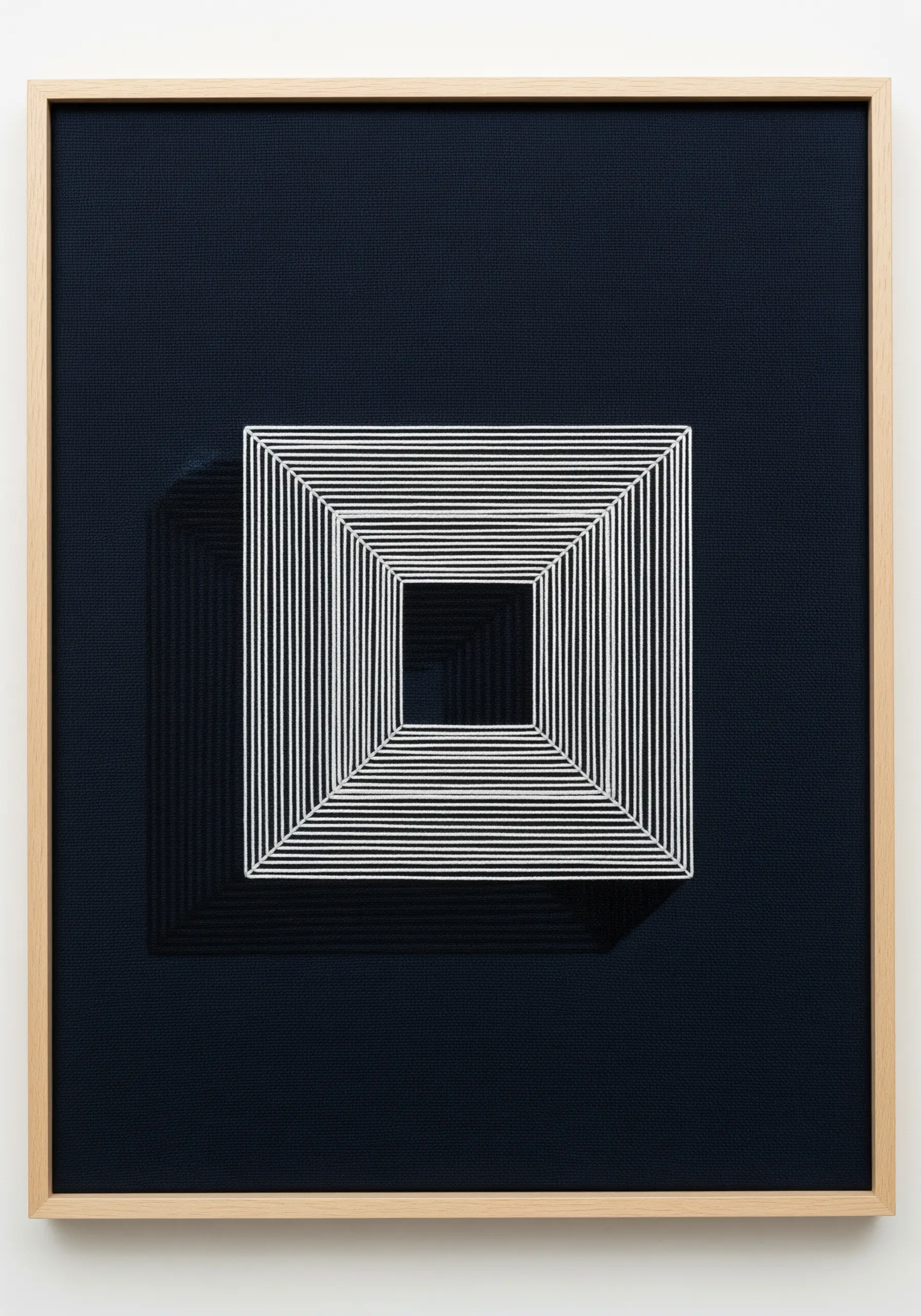 White thread creating a geometric receding square with a strong shadow illusion.