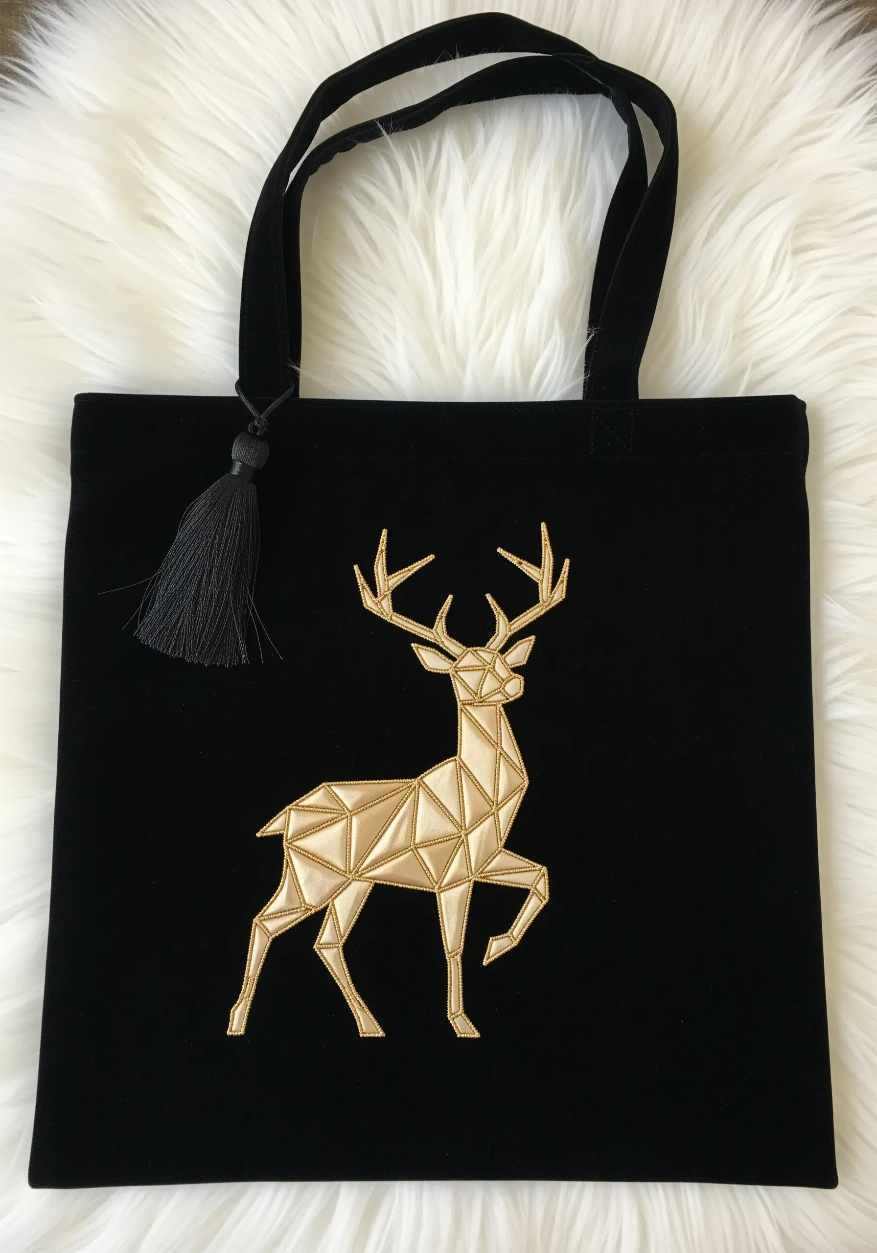 Geometric gold deer embroidered on a black velvet tote bag with a black tassel.