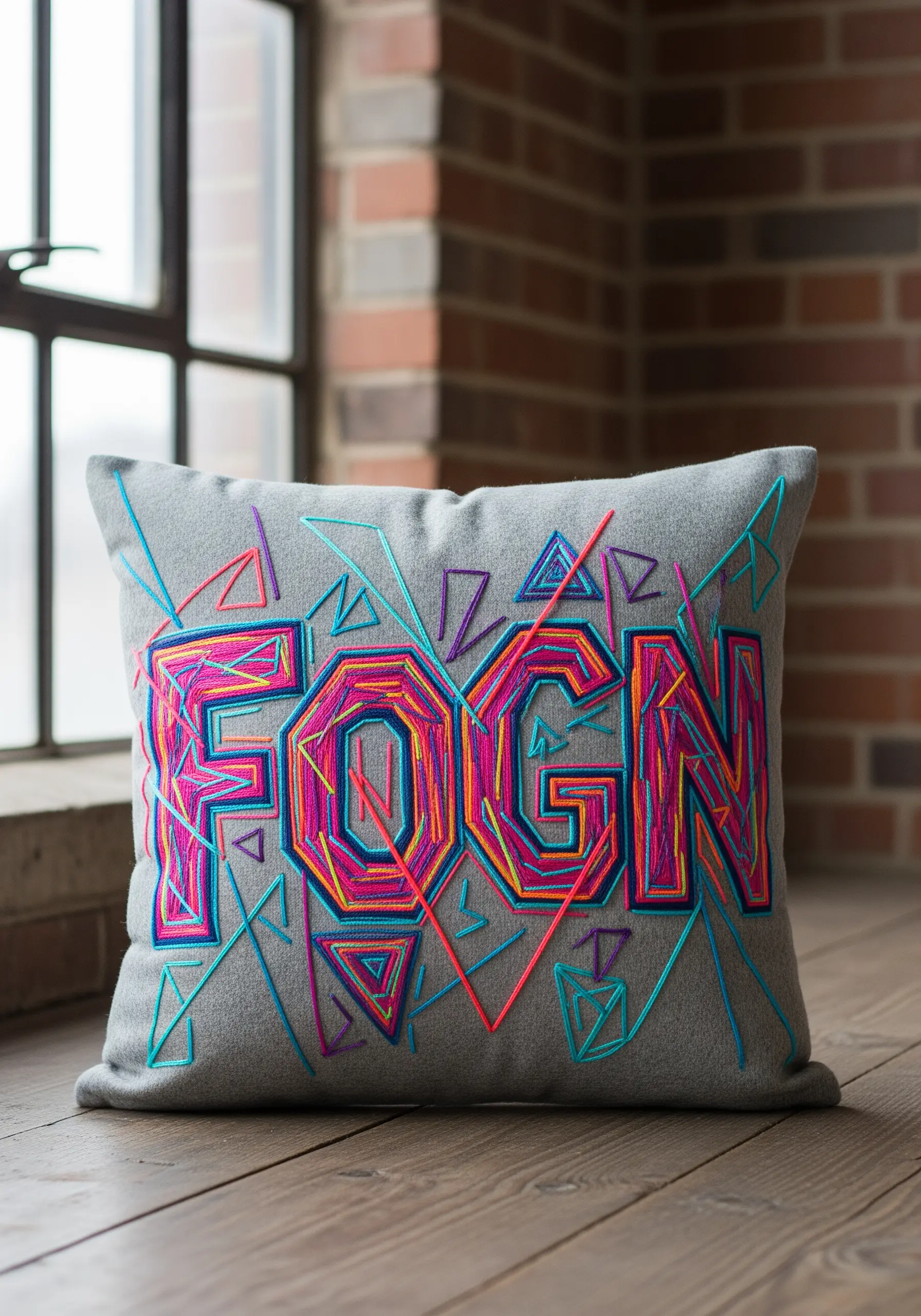 Grey cushion with geometric neon colored embroidery spelling FOGN