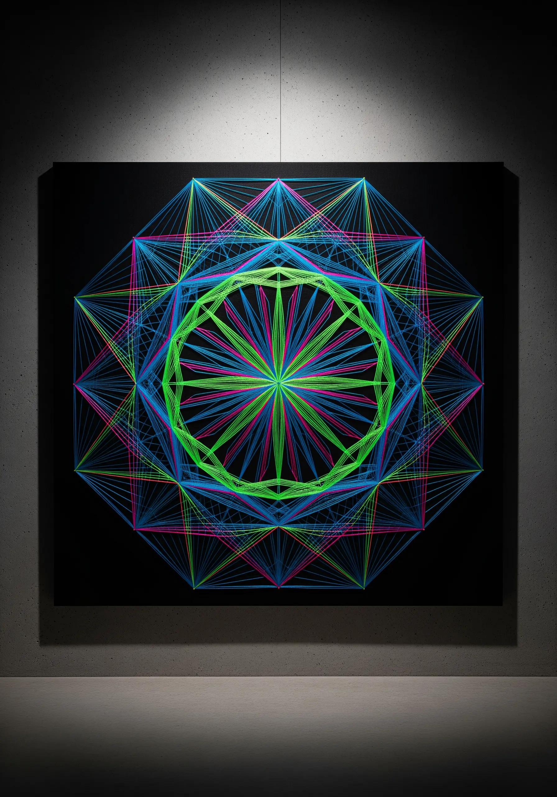 Neon geometric mandala embroidery with layered blue, green, and pink threads on black fabric.