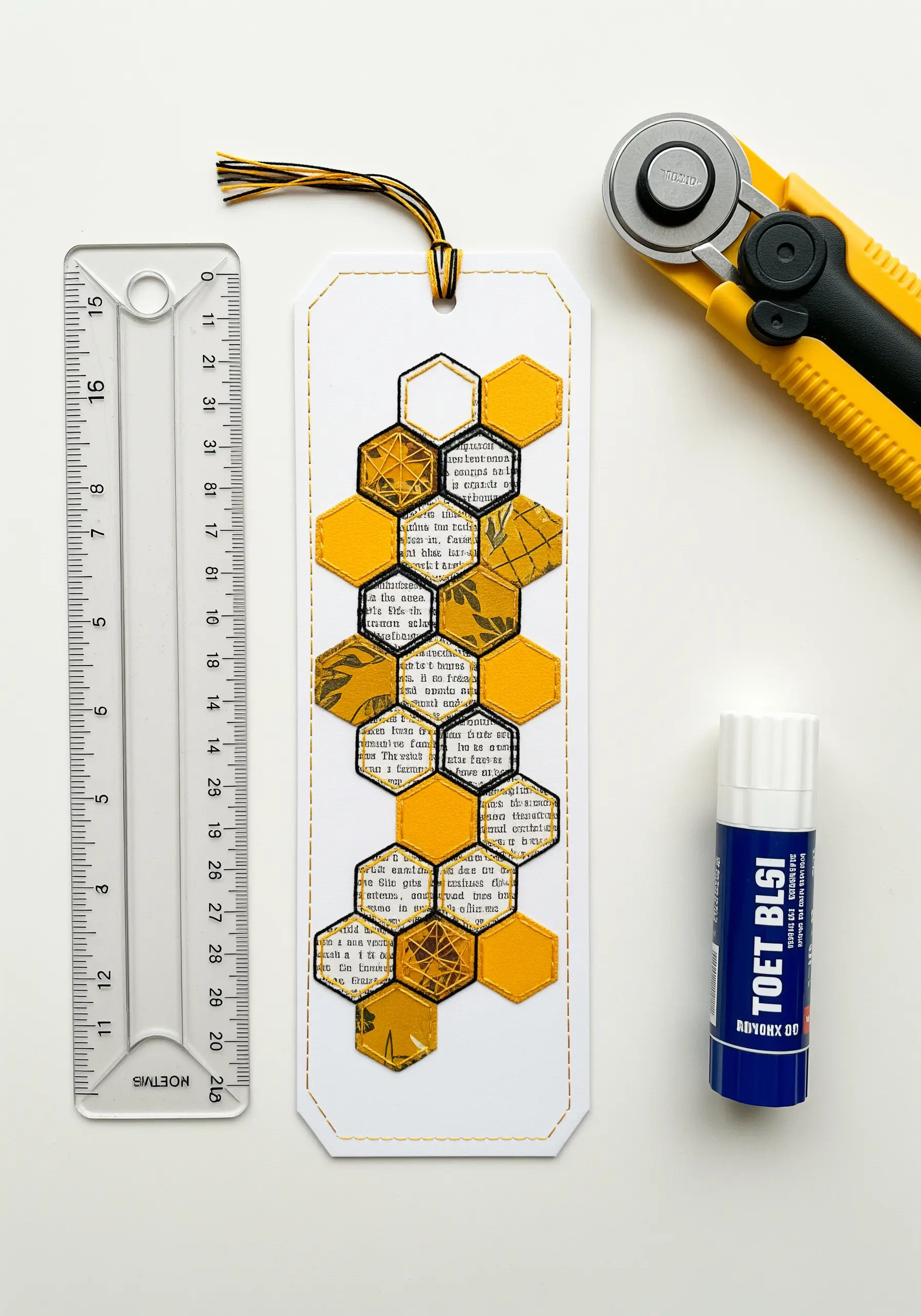 Honeycomb paper collage on a bookmark, accented with minimal gold thread outline stitching.