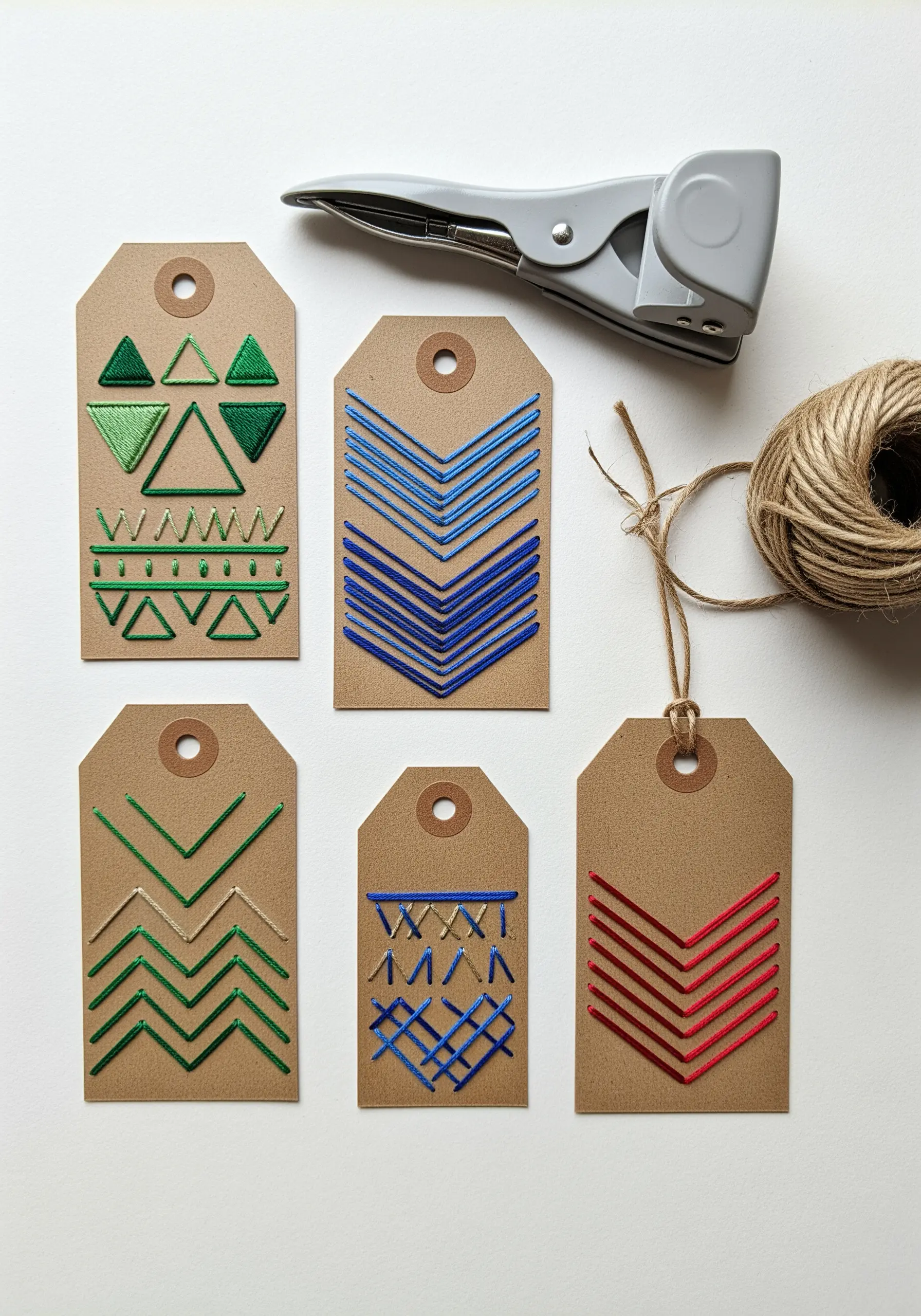 Brown paper gift tags embroidered with modern geometric patterns in green, blue, and red.