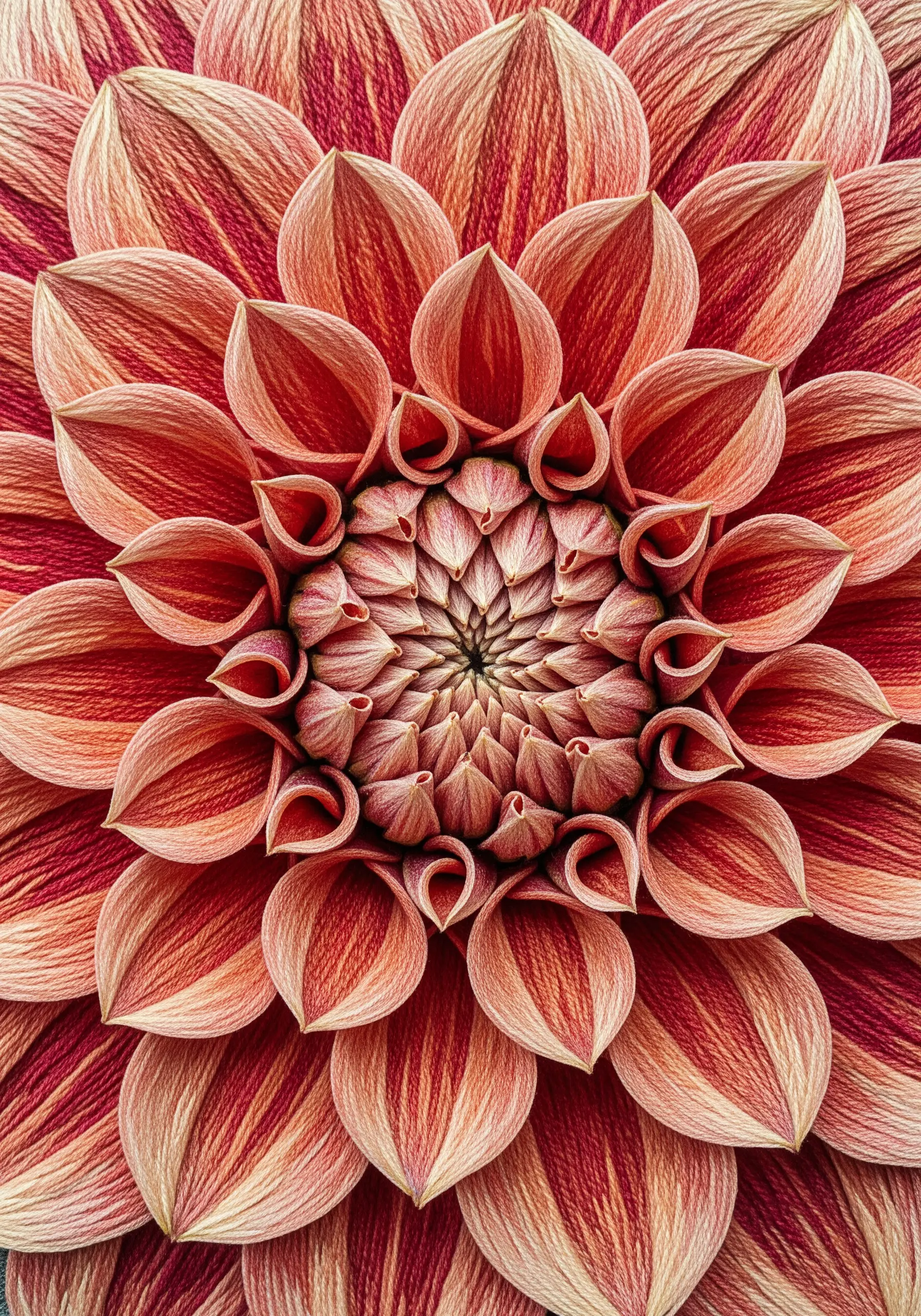 Detailed macro shot of an orange dahlia embroidery showing layered petals