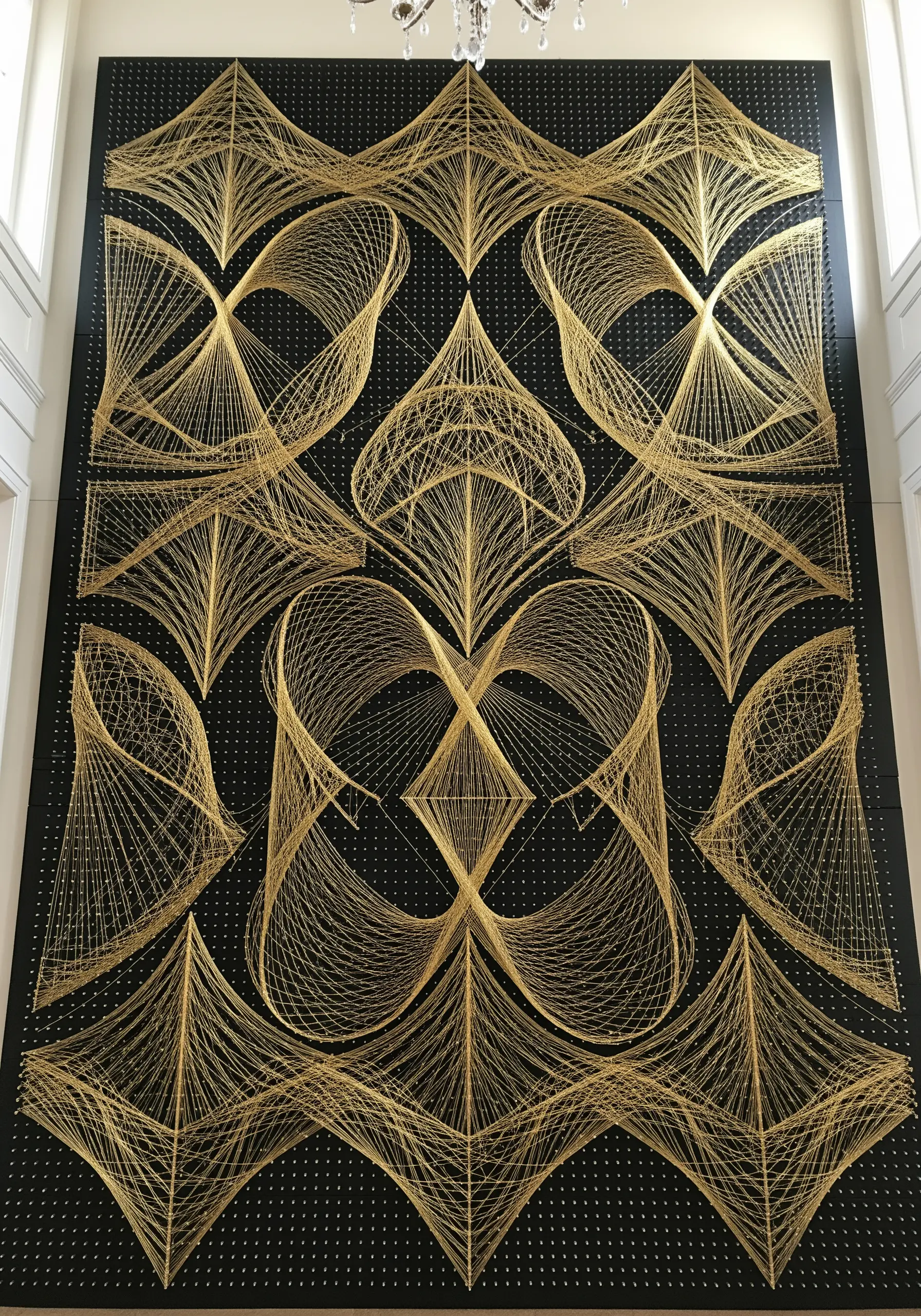 Gold geometric string art on black pegboard
