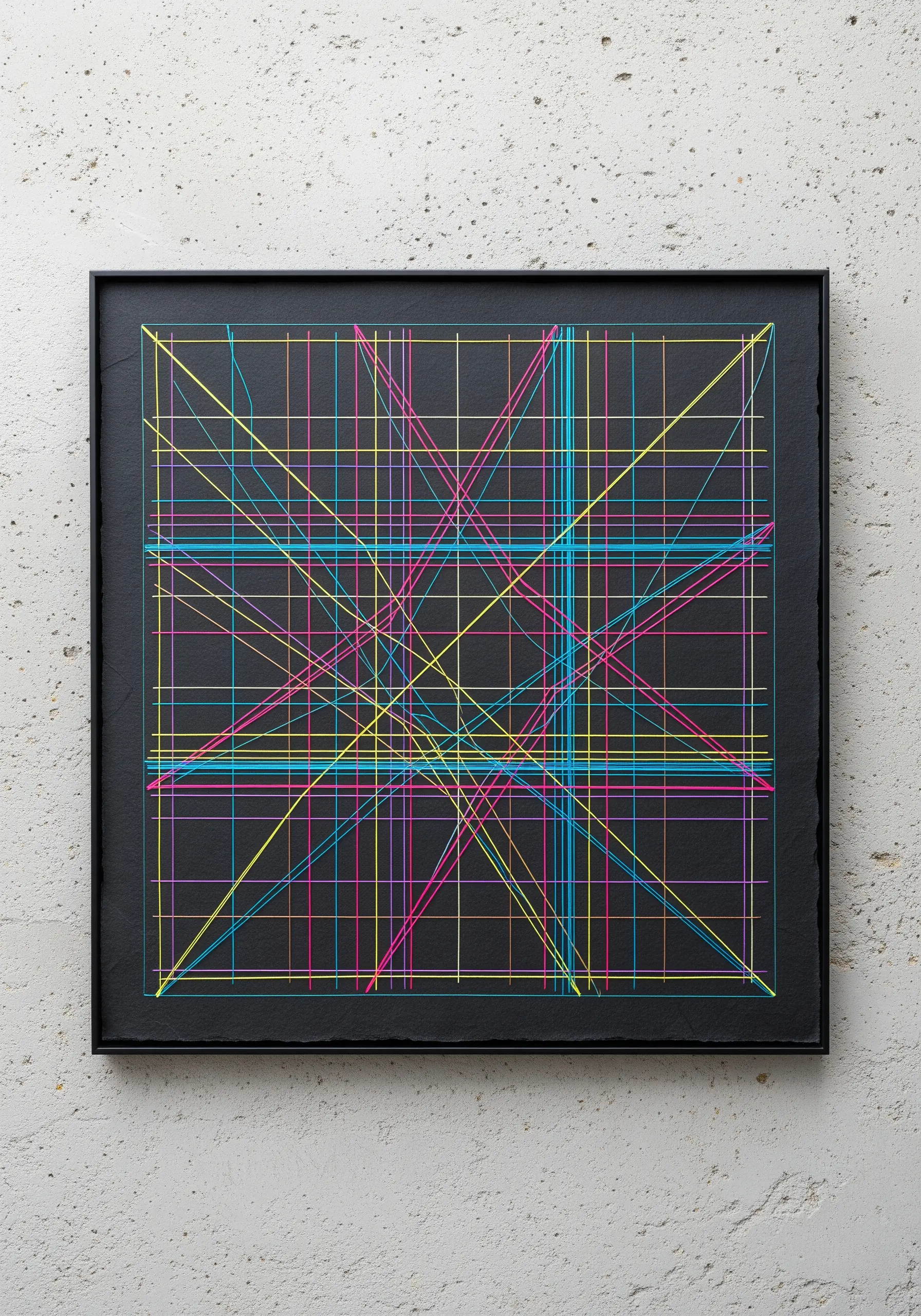 Geometric grid of intersecting colorful lines stitched on black paper.