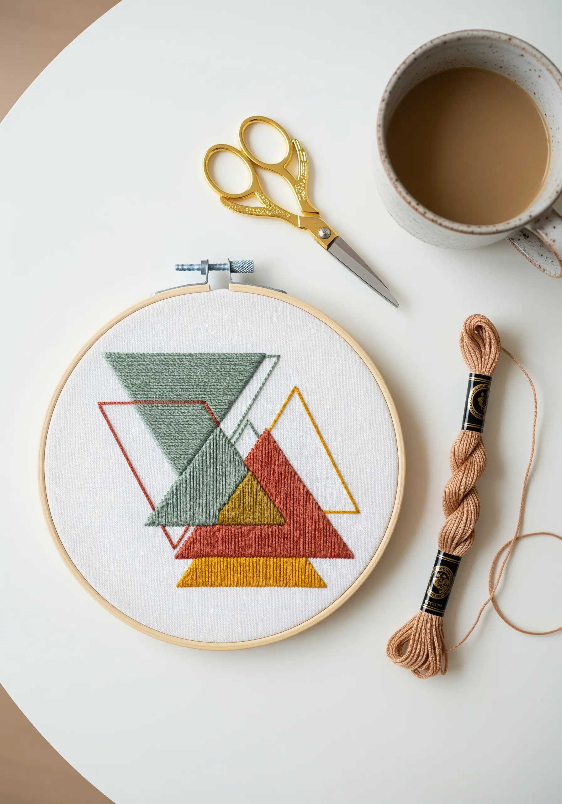 Embroidery hoop featuring intersecting triangles in earth tones using satin stitch