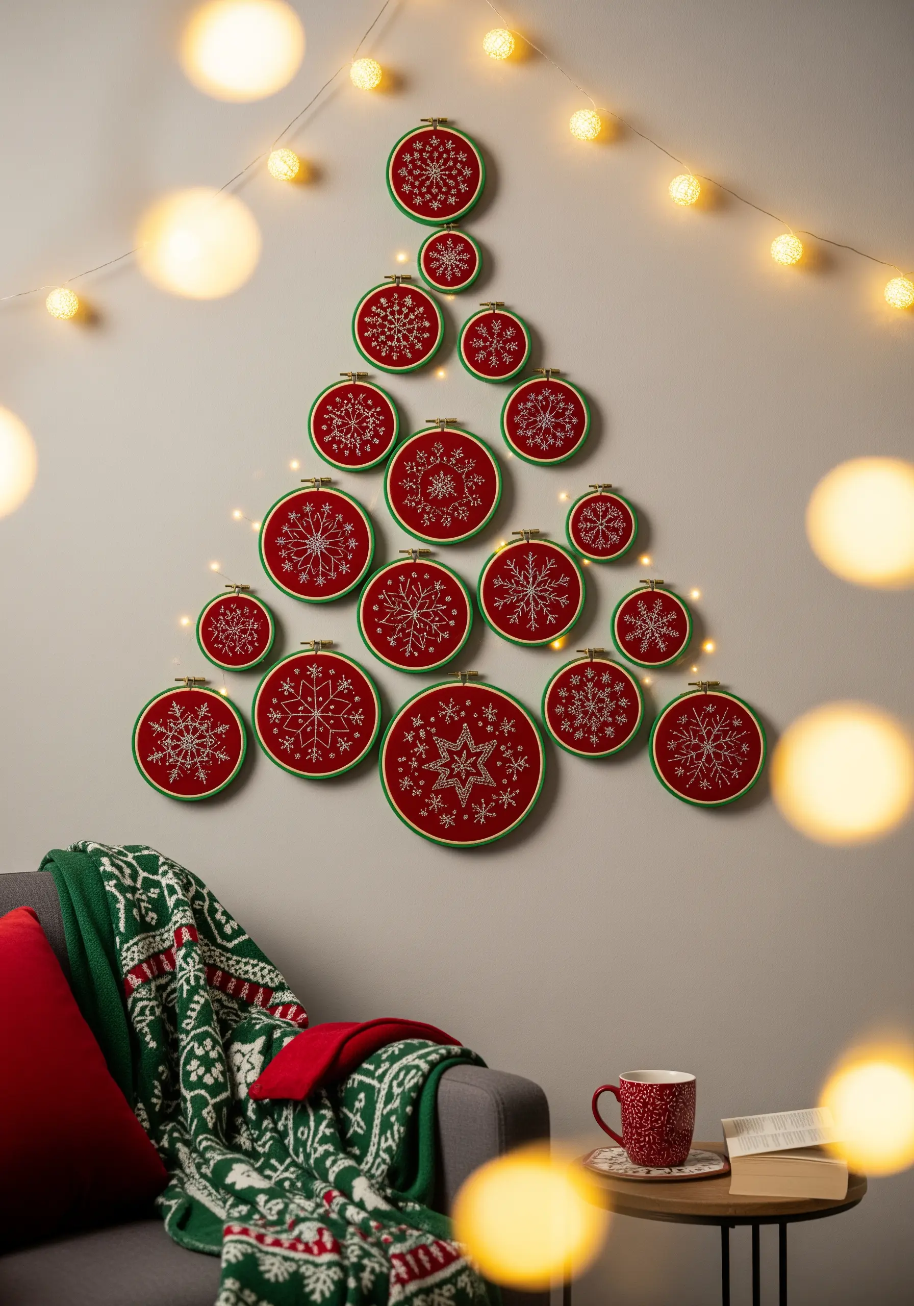 Red embroidery hoops with white snowflakes arranged as a tree